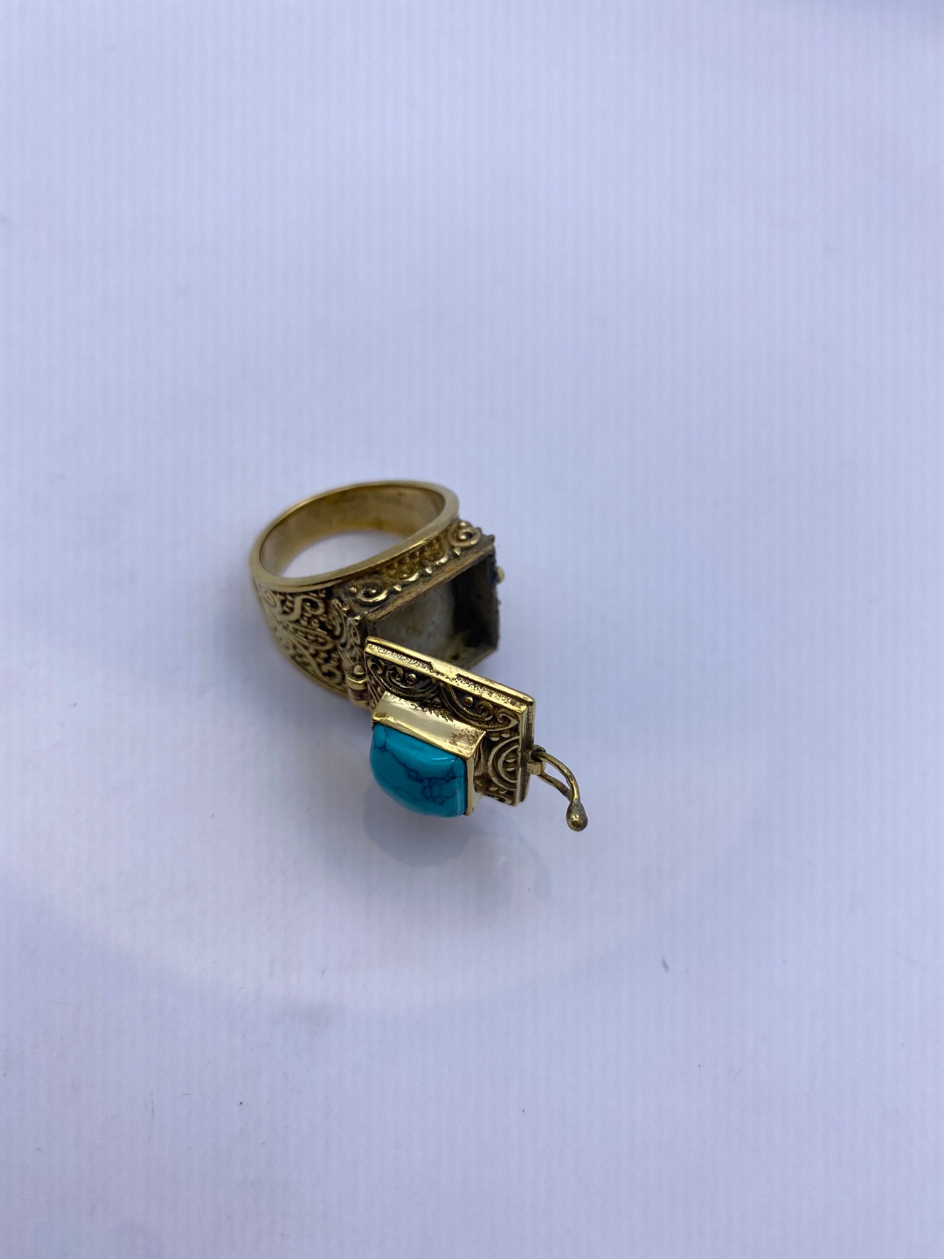 Vintage Turquoise Brass Poison Pillbox Ring