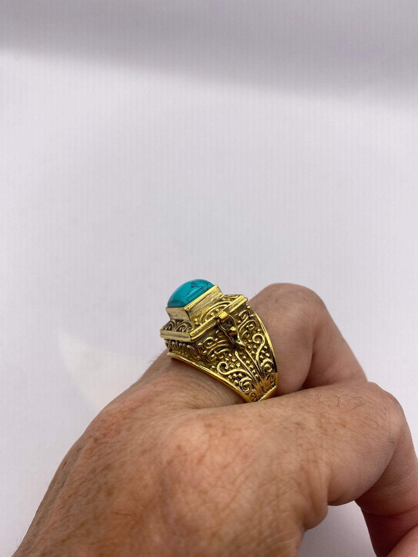 Vintage Turquoise Brass Poison Pillbox Ring