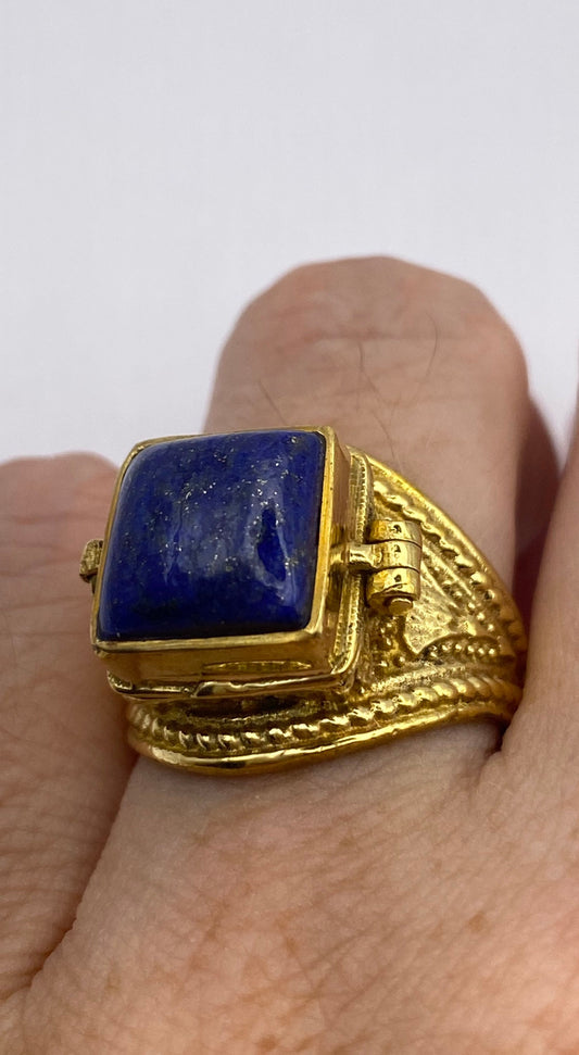 Vintage Blue Lapis Brass Poison Pillbox Ring