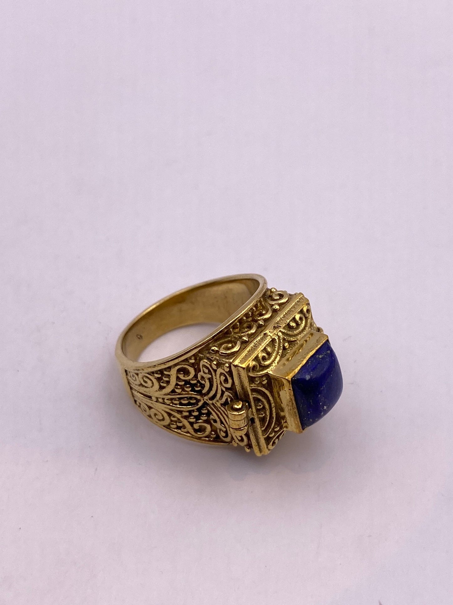 Vintage Blue Lapis Brass Poison Pillbox Ring