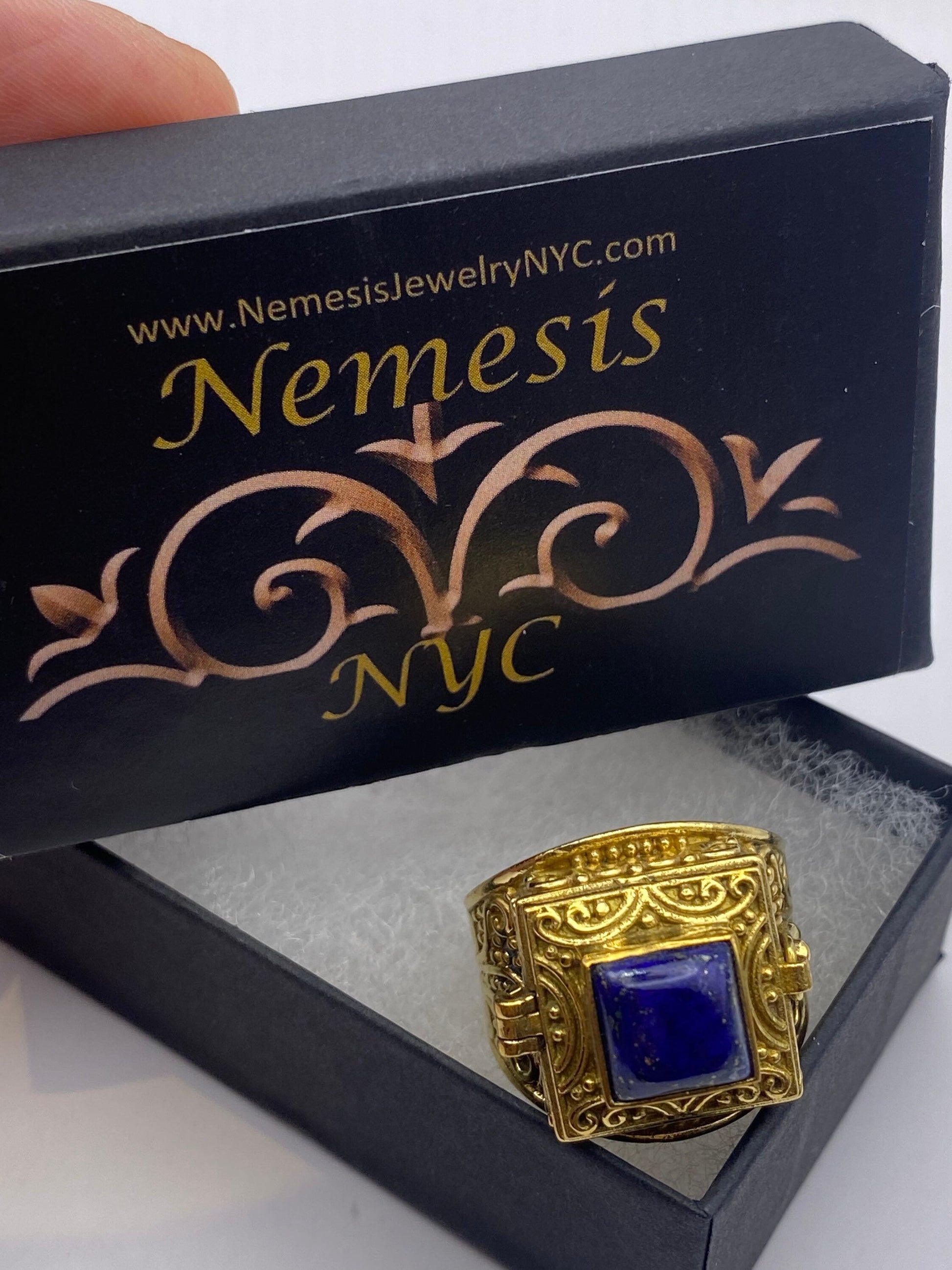 Vintage Blue Lapis Brass Poison Pillbox Ring