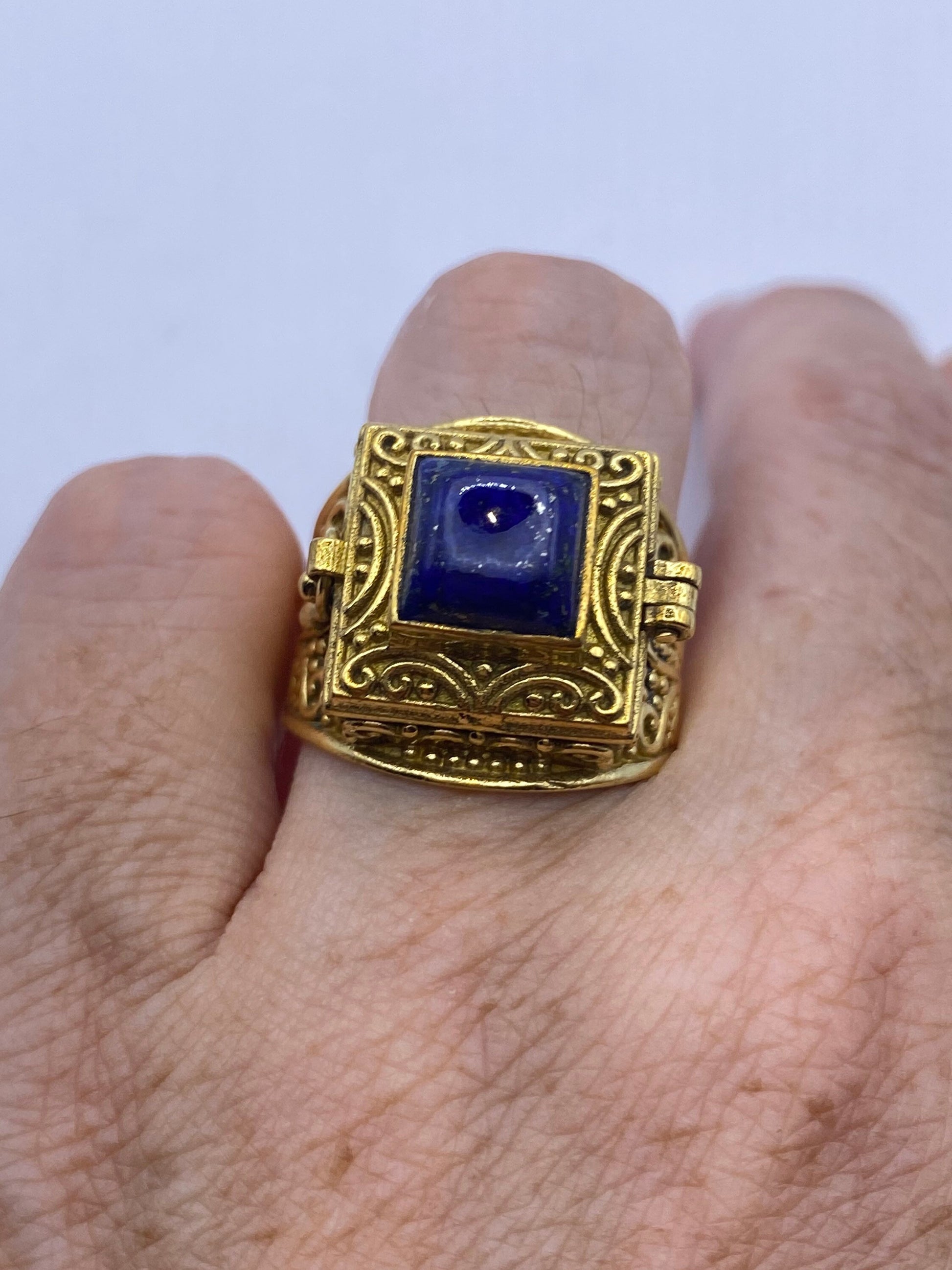 Vintage Blue Lapis Brass Poison Pillbox Ring