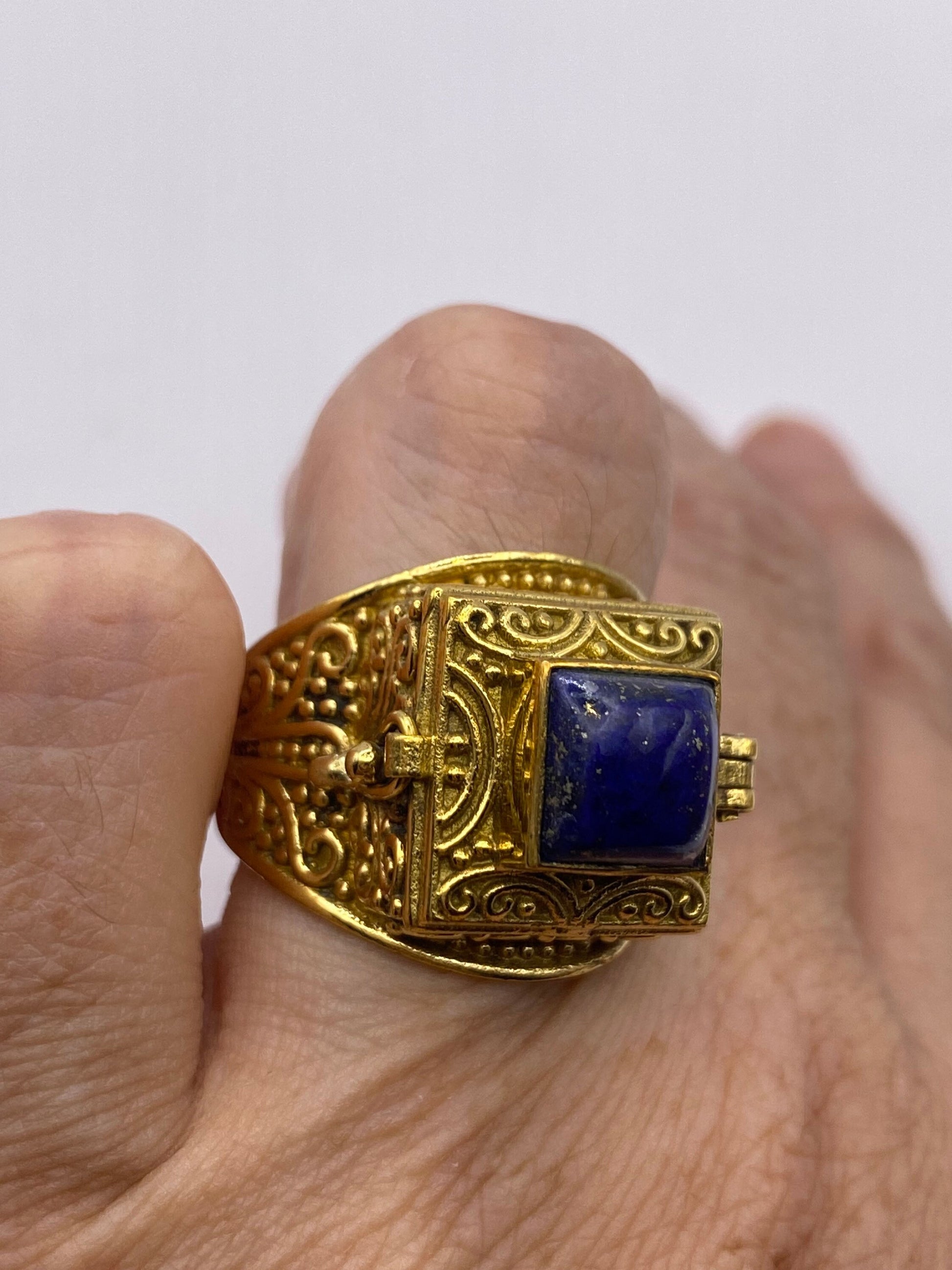 Vintage Blue Lapis Brass Poison Pillbox Ring