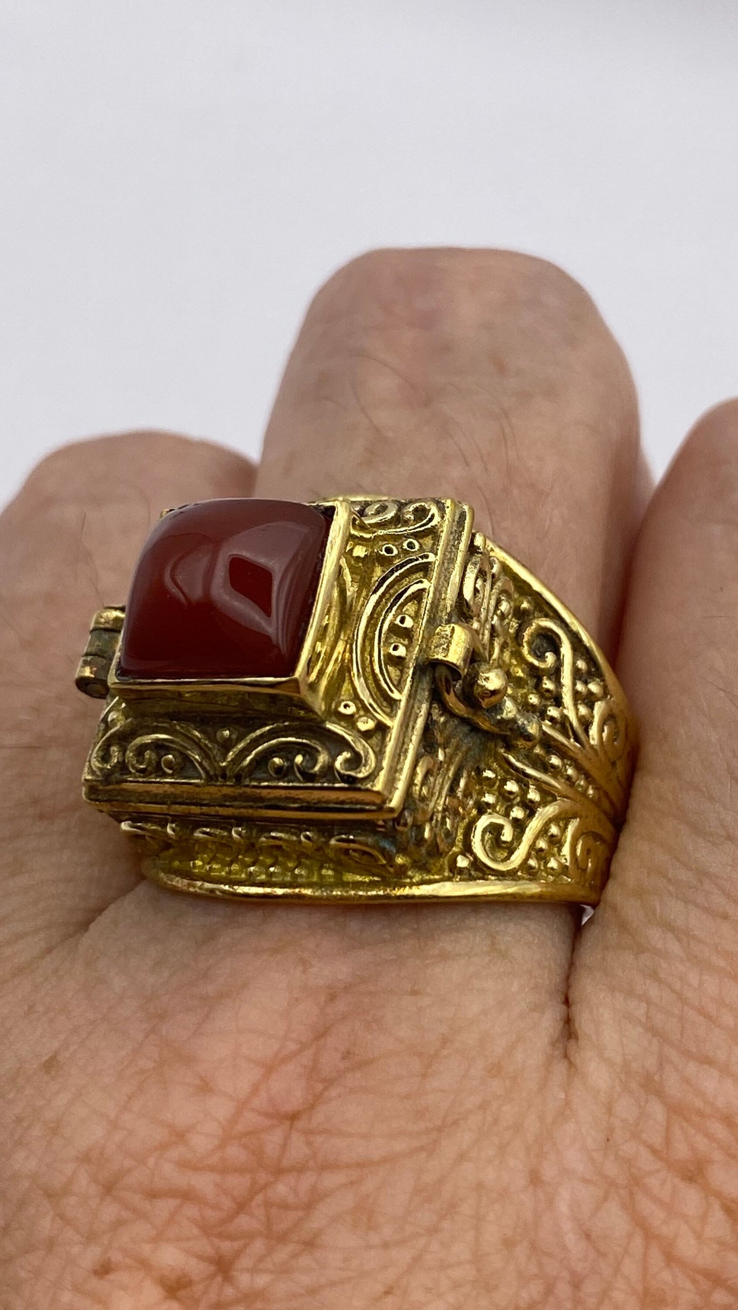 Vintage Red Carnelian Brass Poison Pillbox Ring