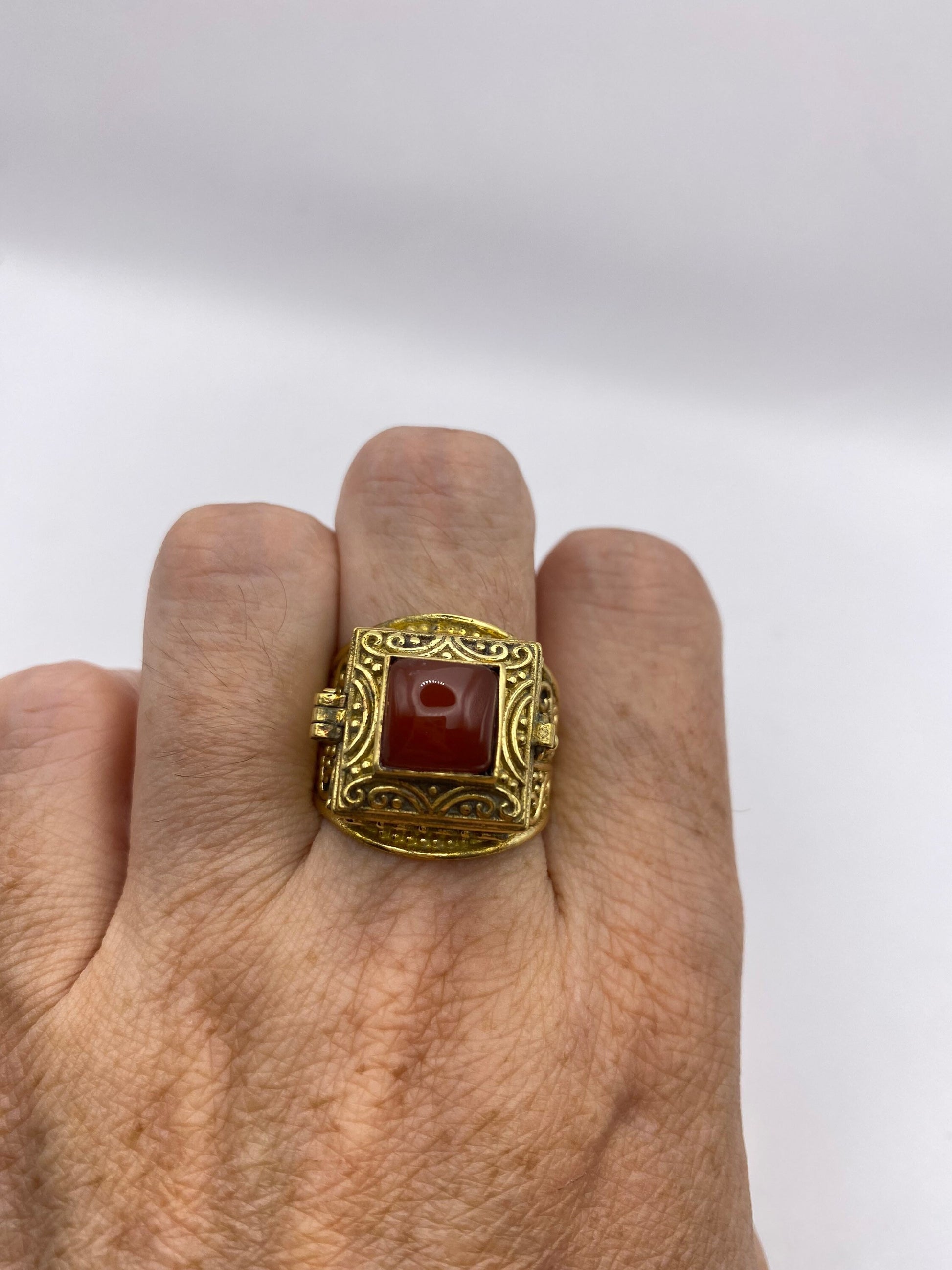 Vintage Red Carnelian Brass Poison Pillbox Ring