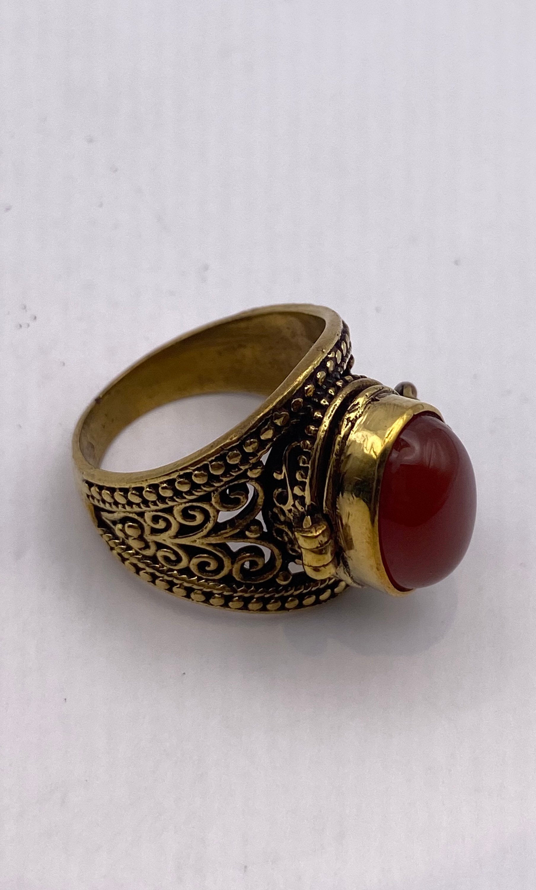 Vintage Red Carnelian Brass Poison Pillbox Ring
