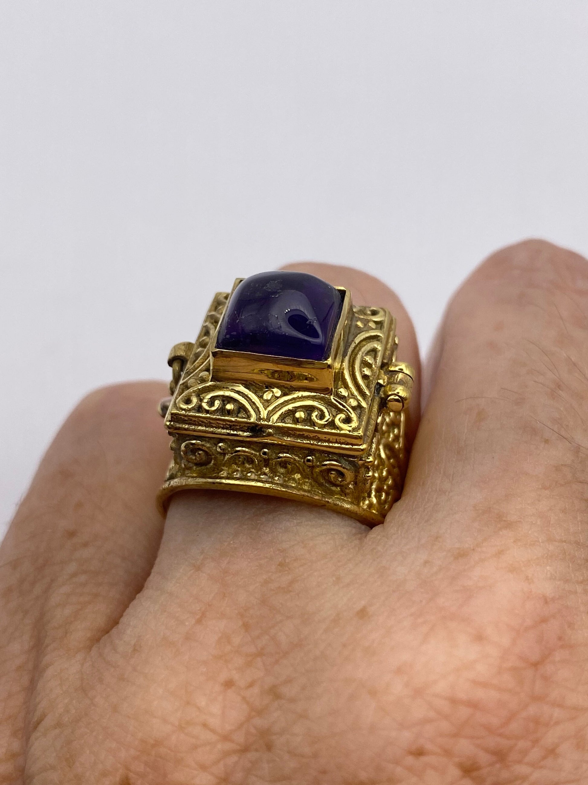 Vintage Purple Amethyst Brass Poison Pillbox Ring