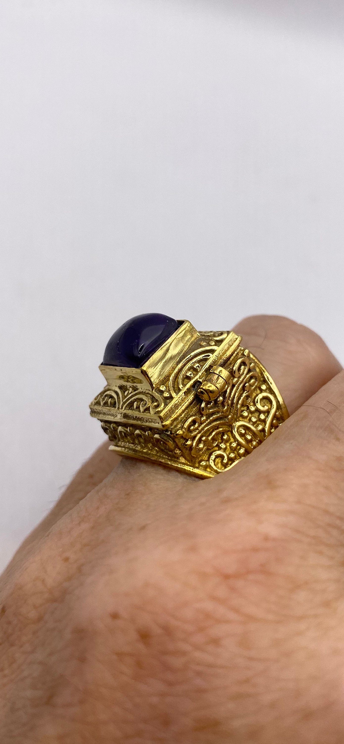 Vintage Purple Amethyst Brass Poison Pillbox Ring