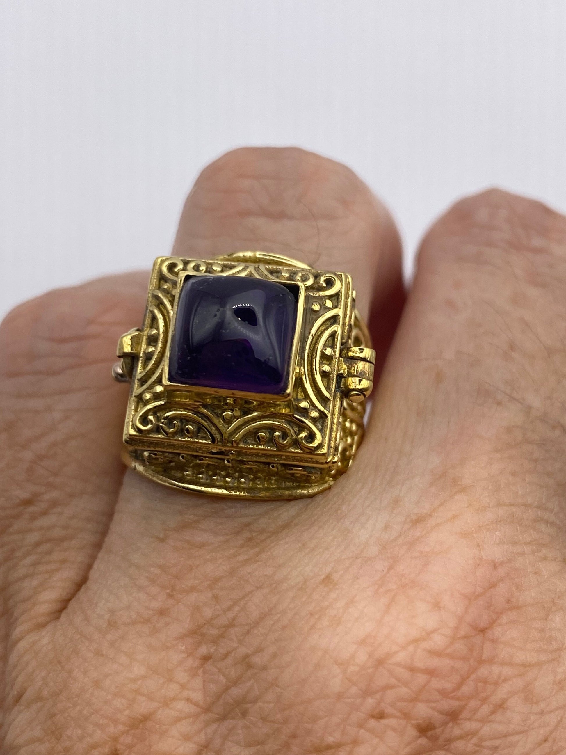 Vintage Purple Amethyst Brass Poison Pillbox Ring