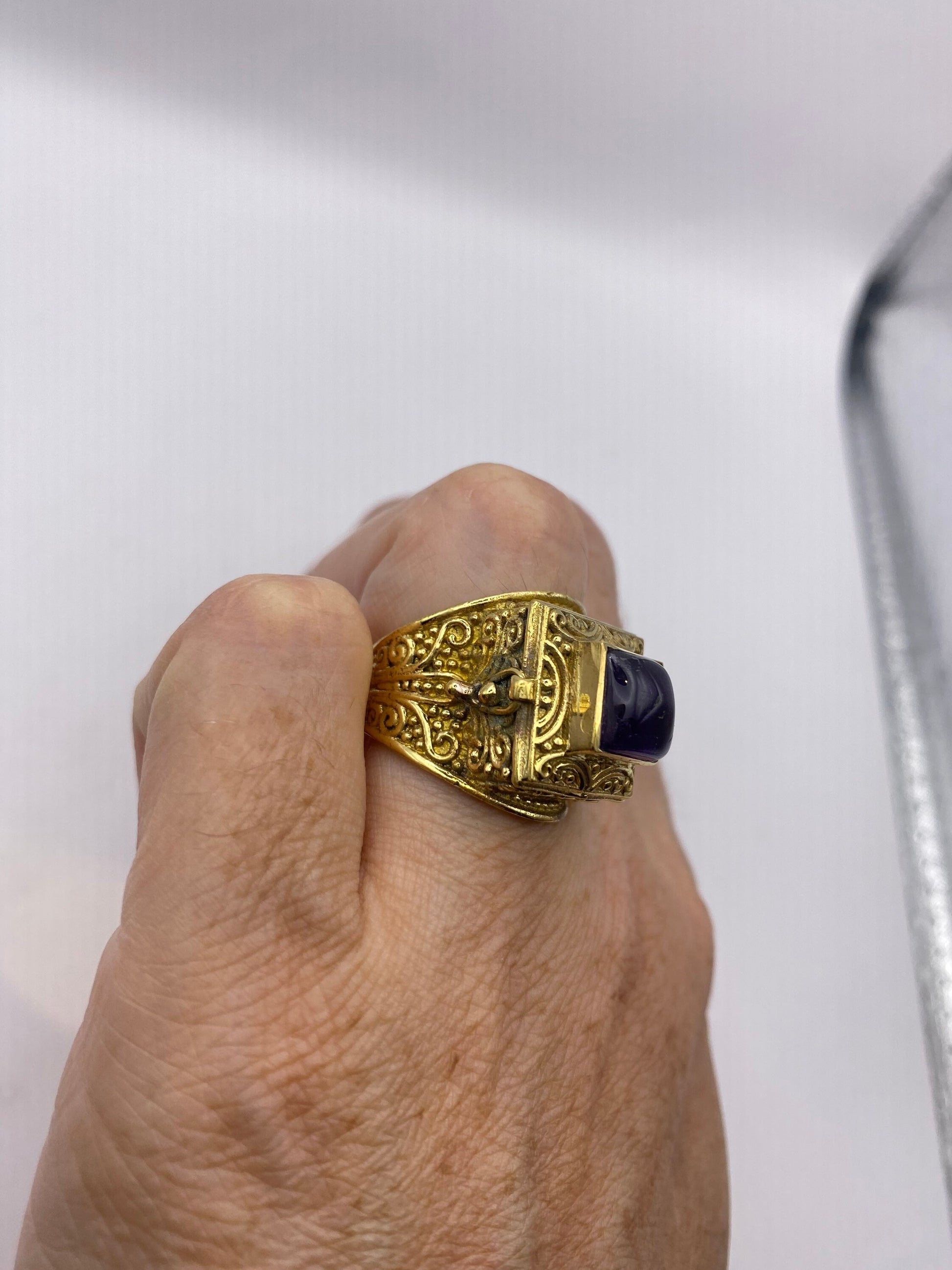 Vintage Purple Amethyst Brass Poison Pillbox Ring