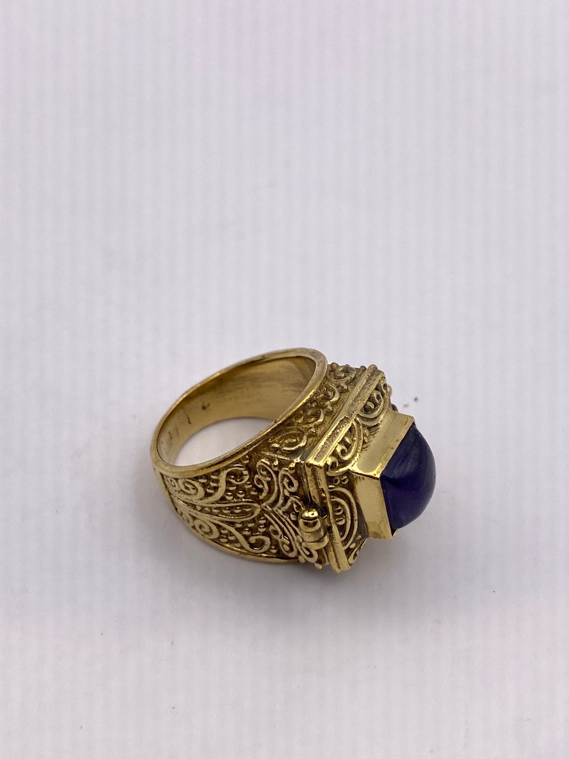 Vintage Purple Amethyst Brass Poison Pillbox Ring