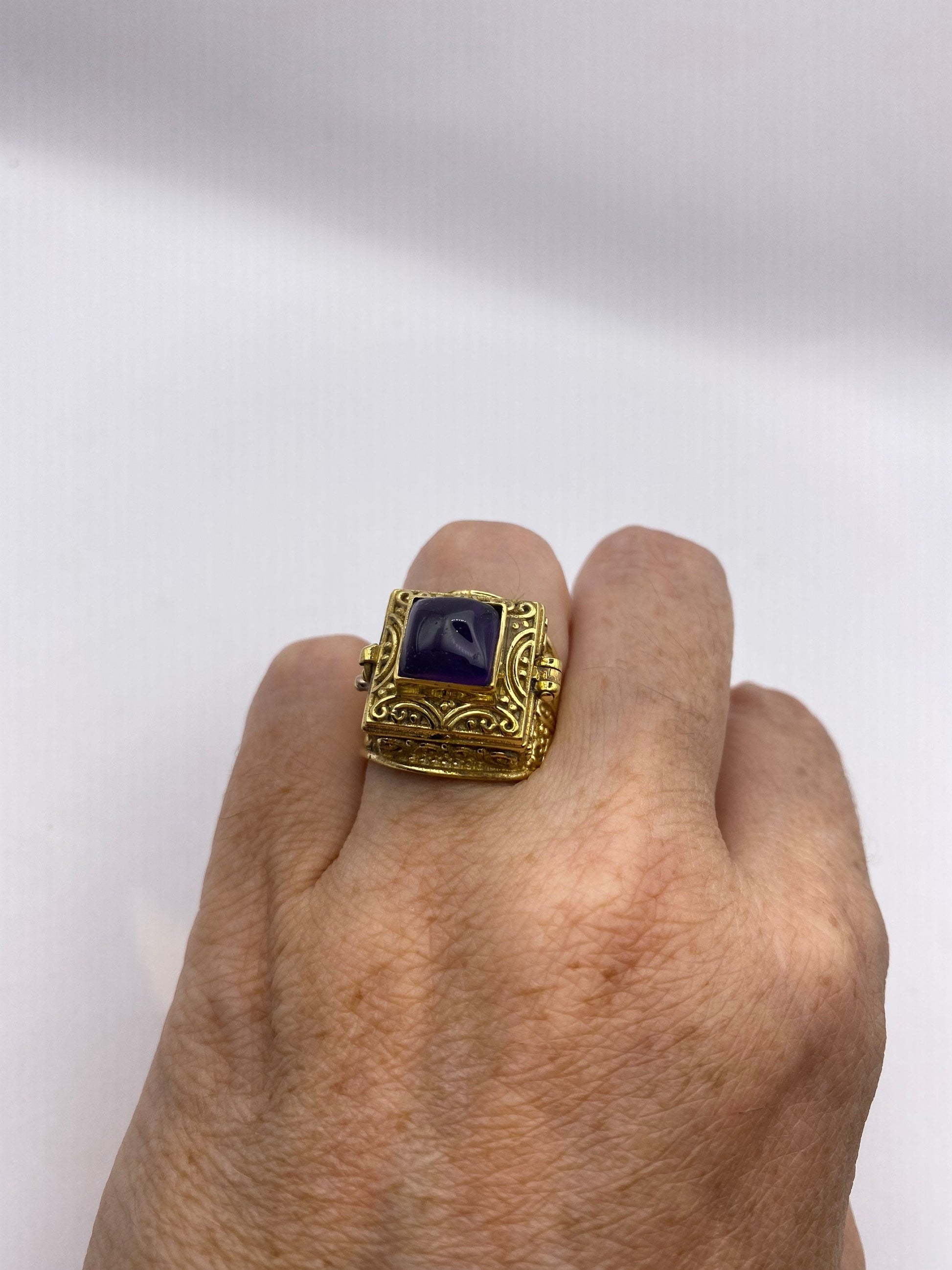 Vintage Purple Amethyst Brass Poison Pillbox Ring