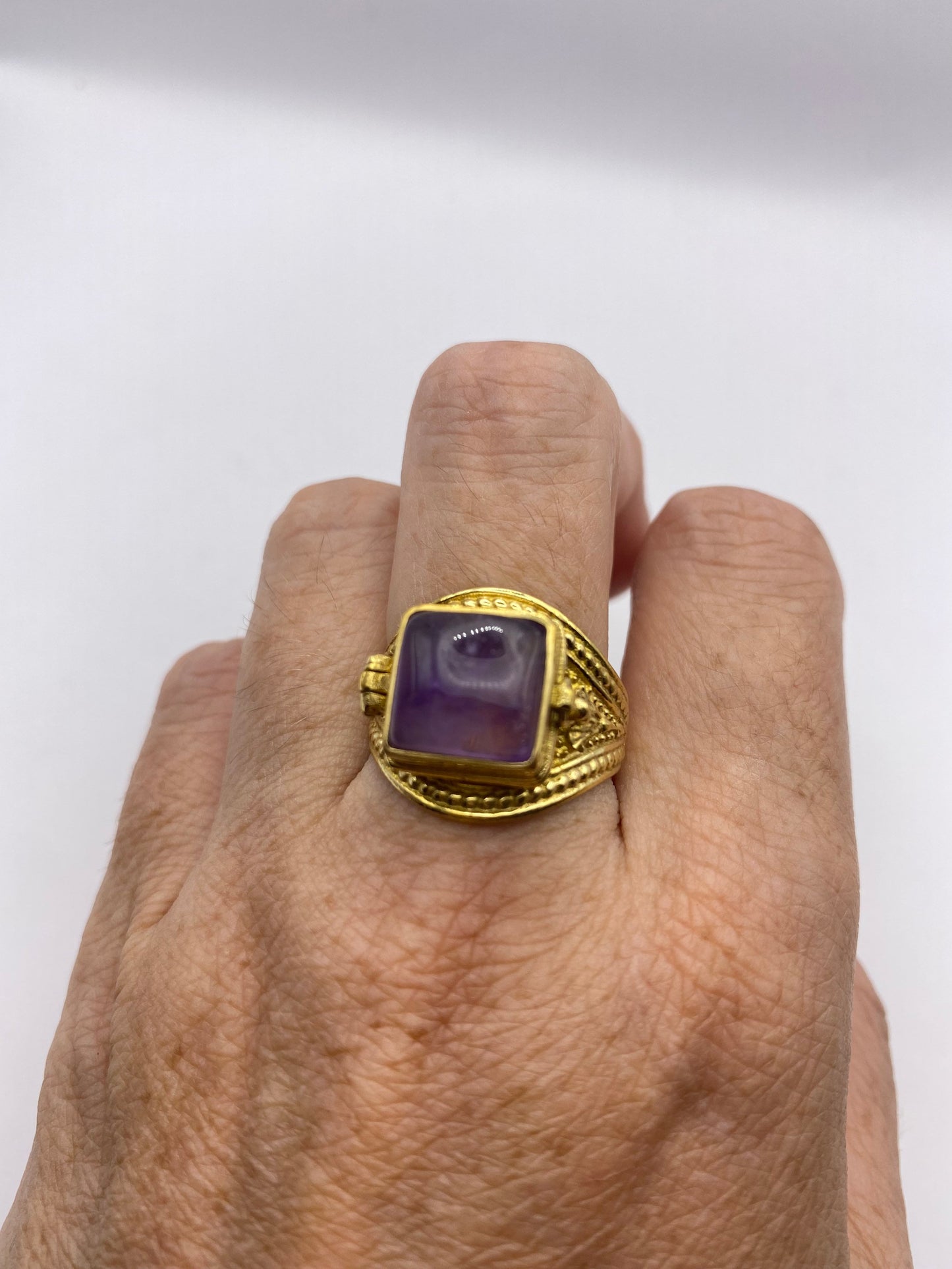 Vintage Purple Amethyst Brass Poison Pillbox Ring