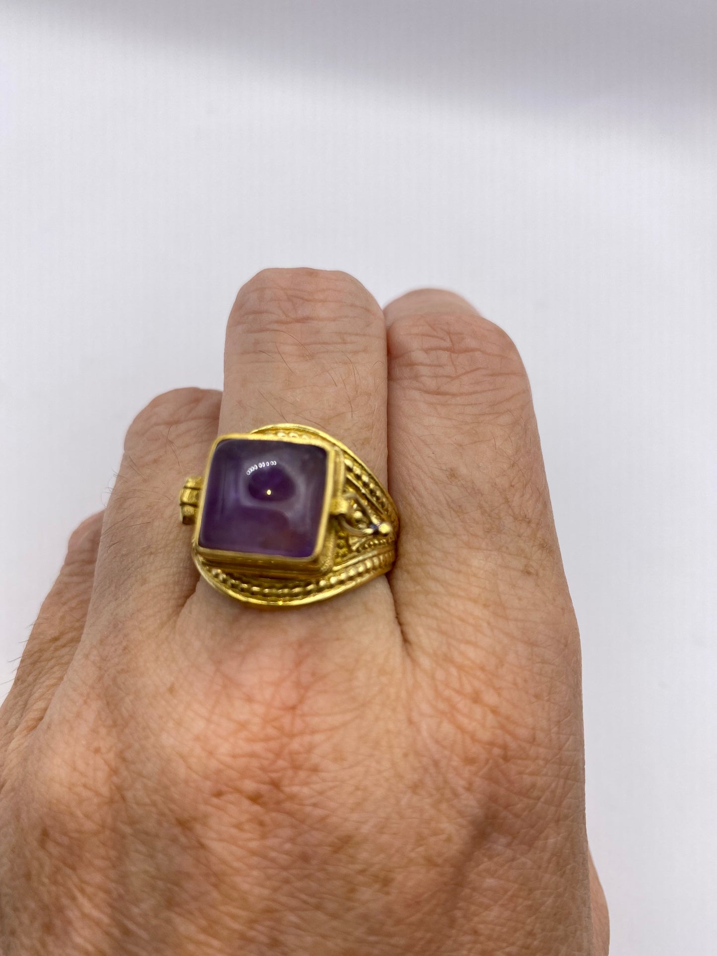 Vintage Purple Amethyst Brass Poison Pillbox Ring