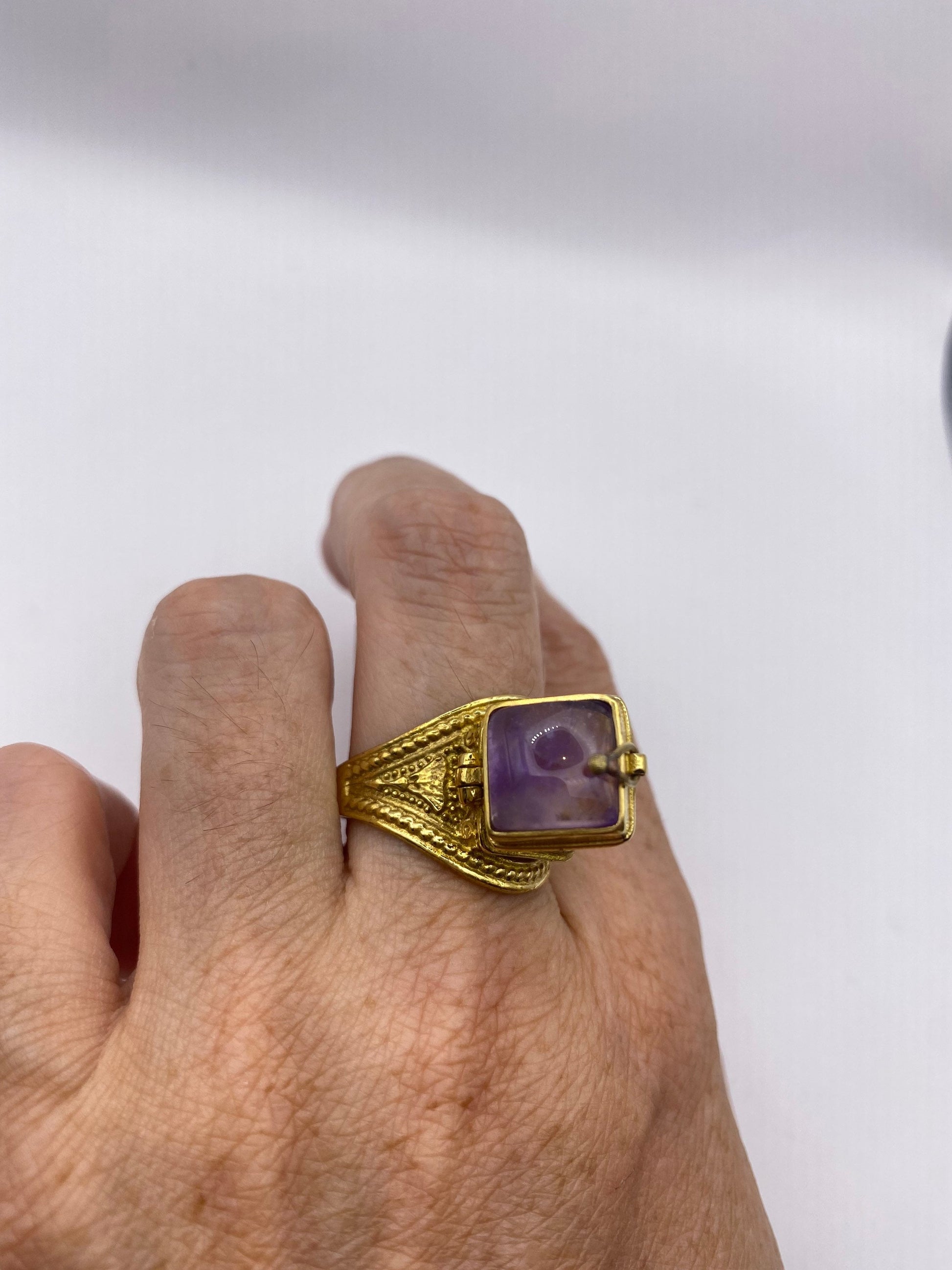 Vintage Purple Amethyst Brass Poison Pillbox Ring