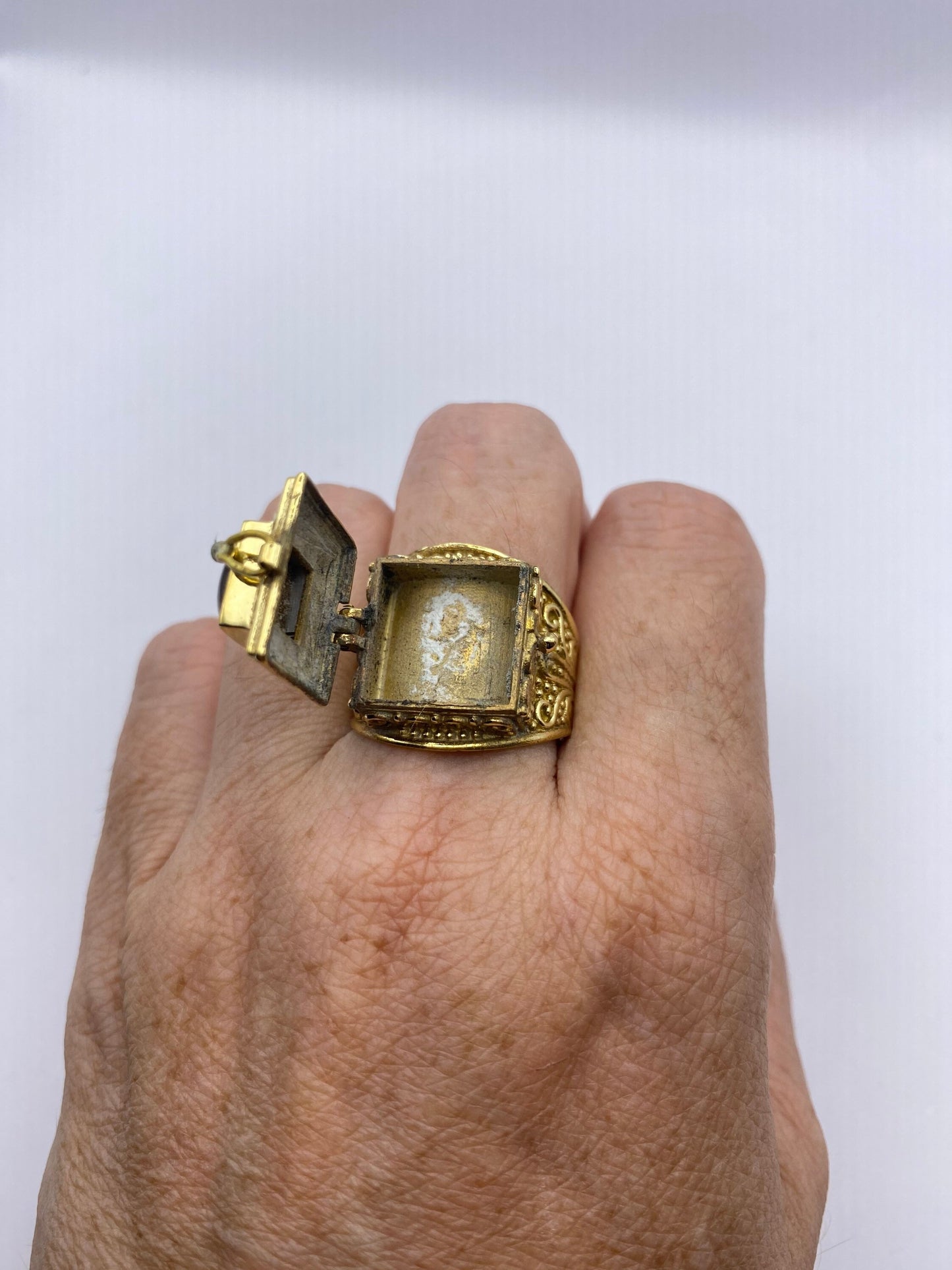 Vintage Tigers Eye Brass Poison Pillbox Ring