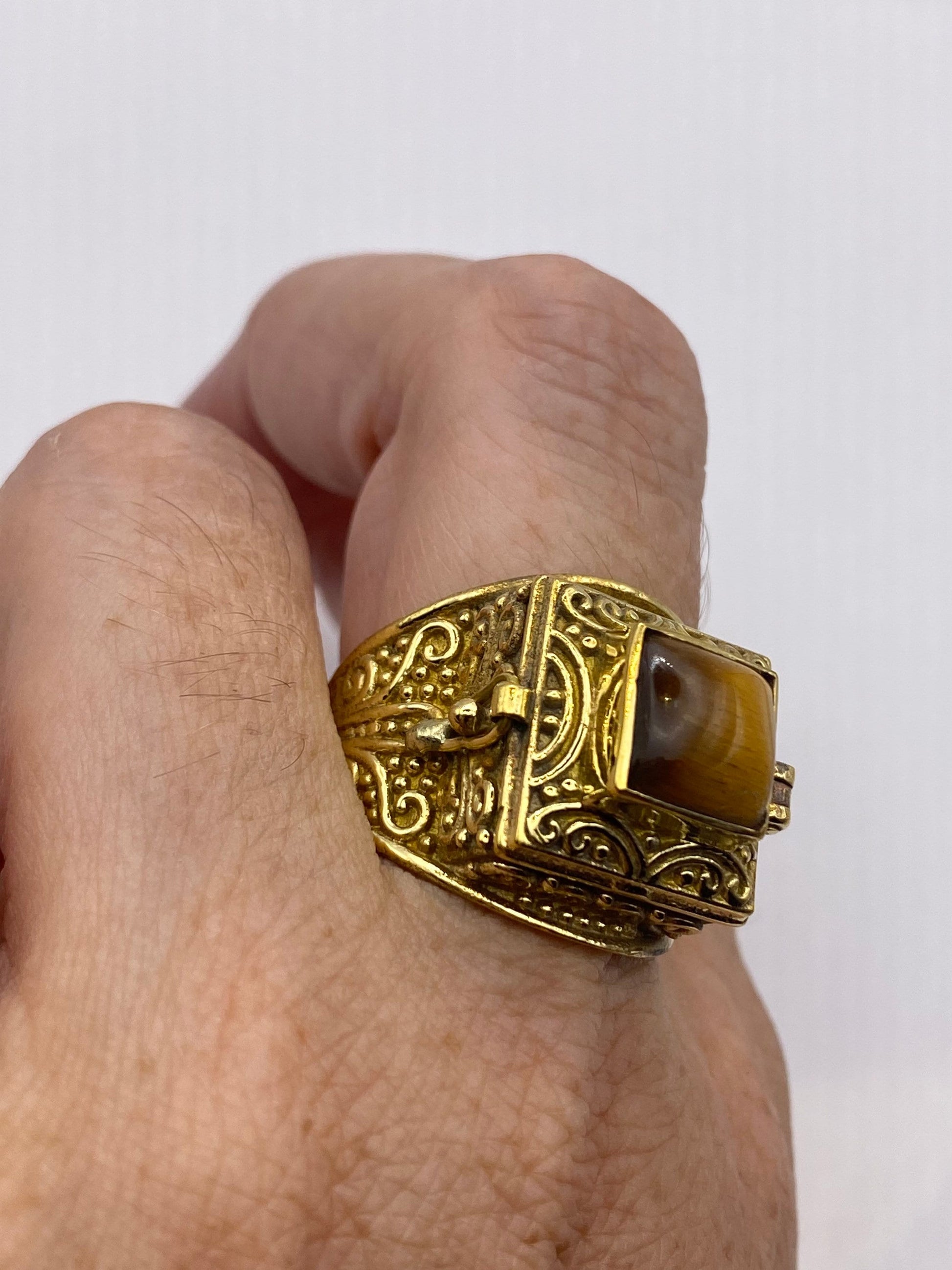 Vintage Tigers Eye Brass Poison Pillbox Ring