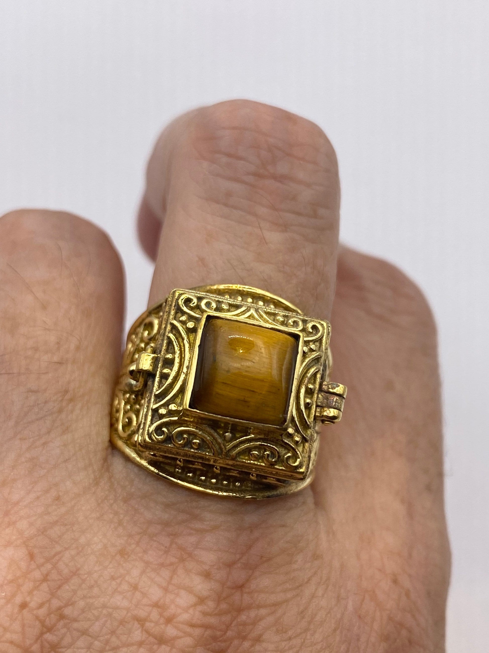 Vintage Tigers Eye Brass Poison Pillbox Ring