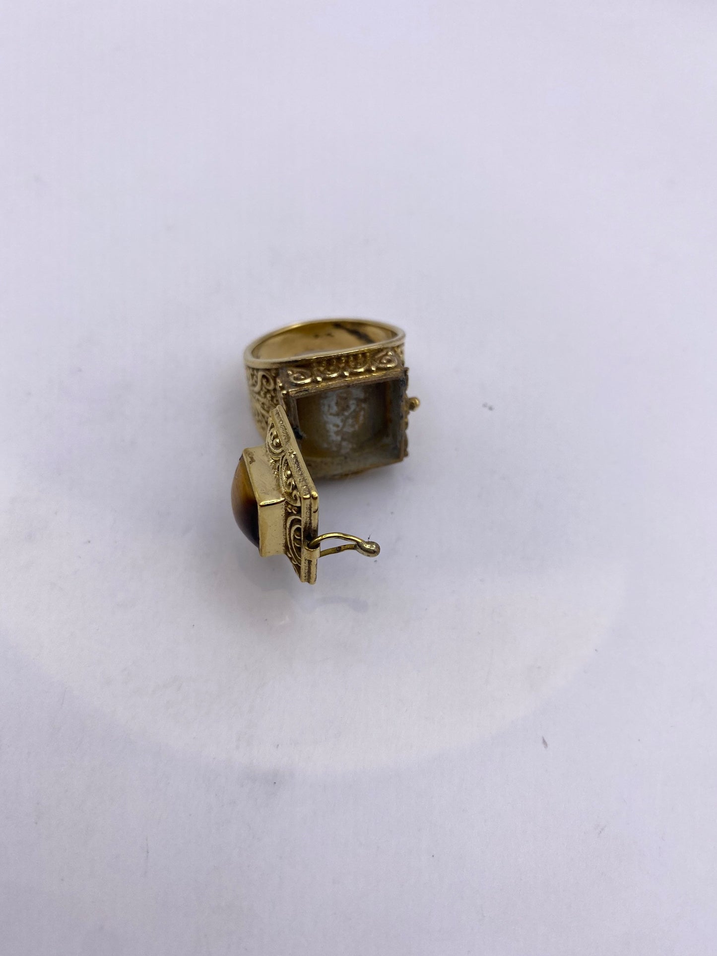 Vintage Tigers Eye Brass Poison Pillbox Ring