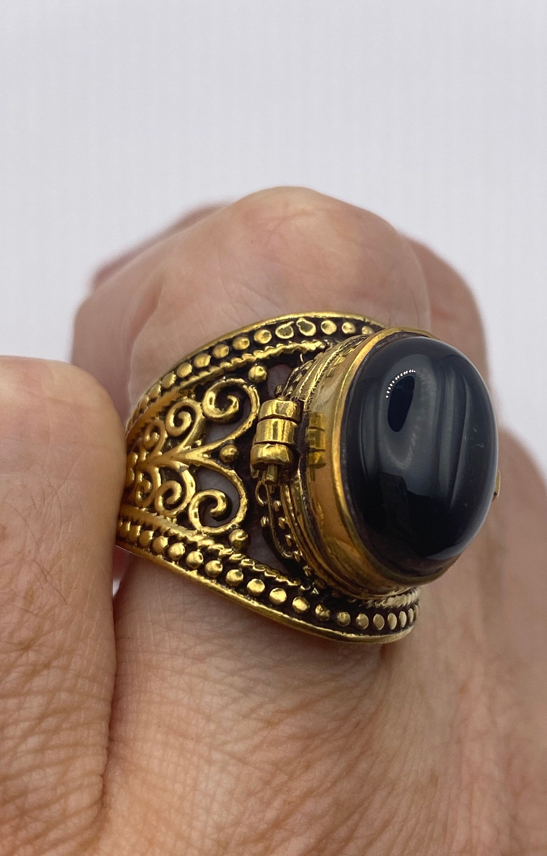 Vintage Black Onyx Brass Poison Pillbox Ring