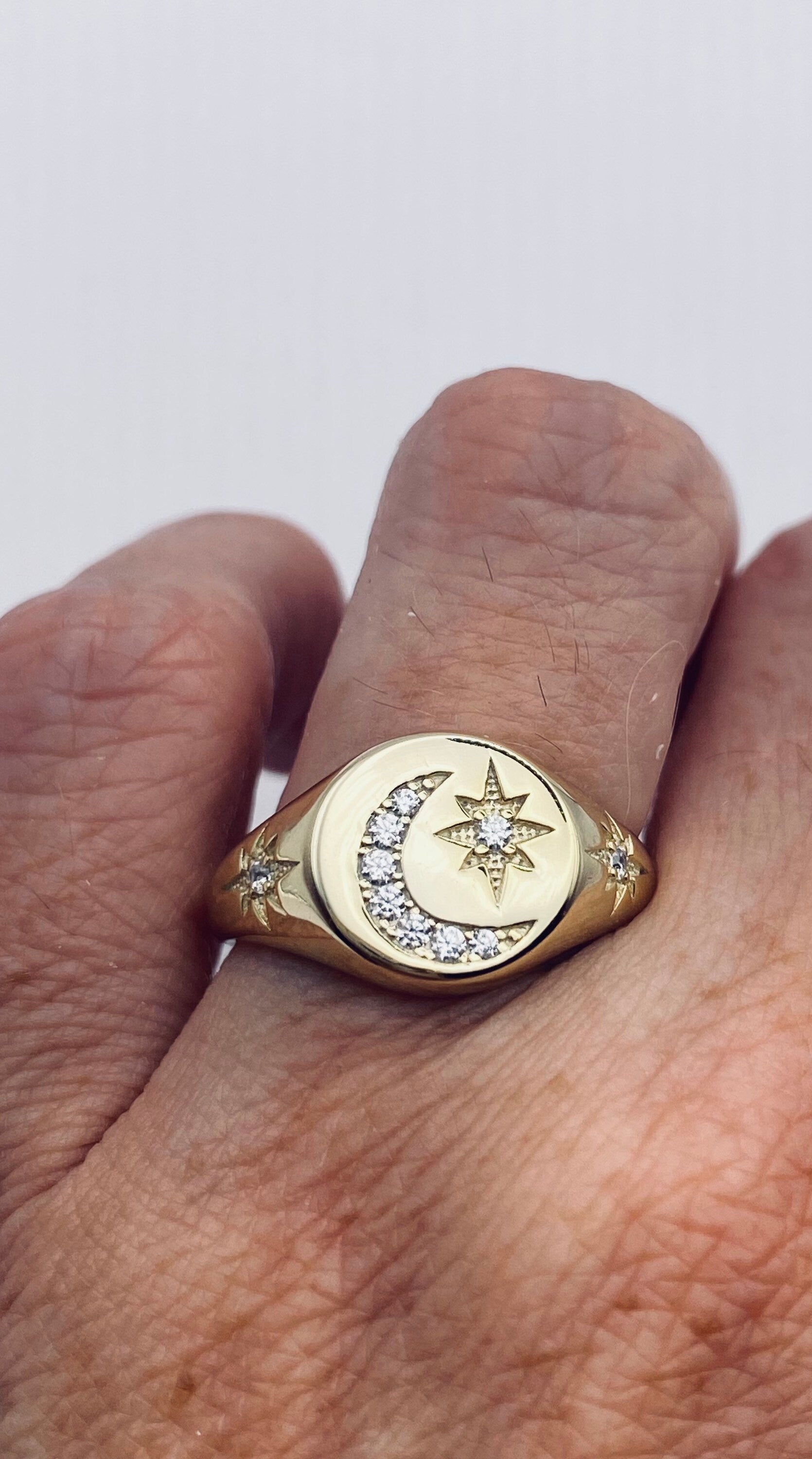 Vintage Muslim Star Crescent Moon Band Golden 925 Sterling Silver Ring