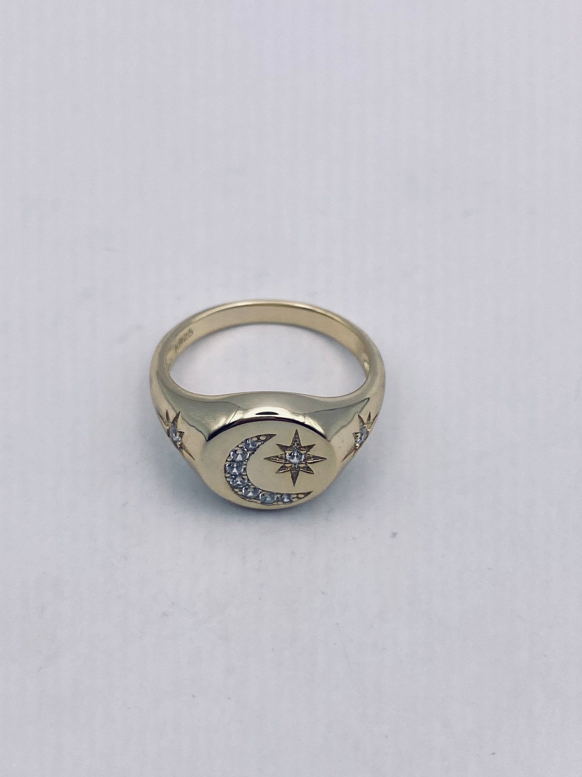 Vintage Muslim Star Crescent Moon Band Golden 925 Sterling Silver Ring