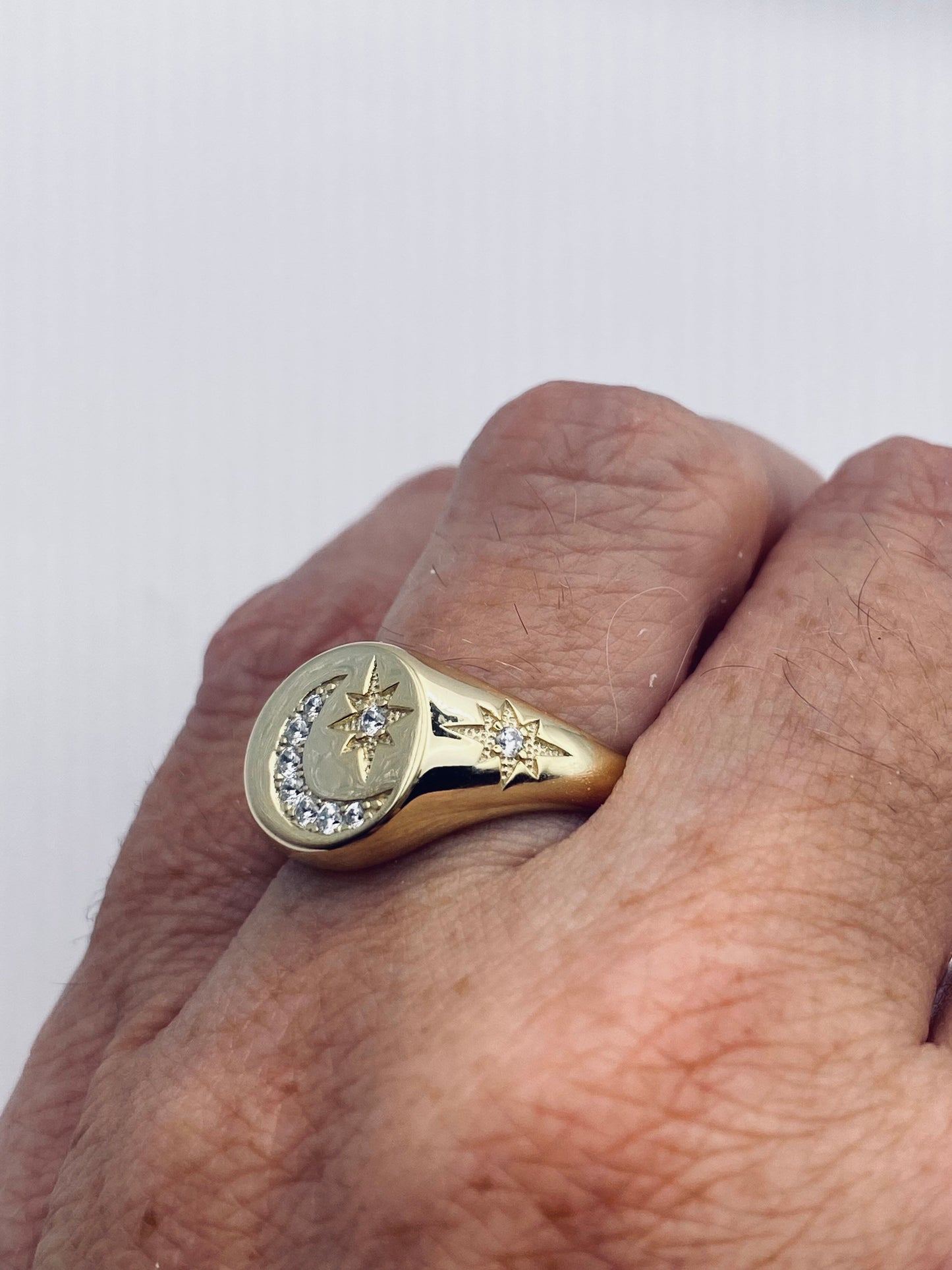 Vintage Muslim Star Crescent Moon Band Golden 925 Sterling Silver Ring