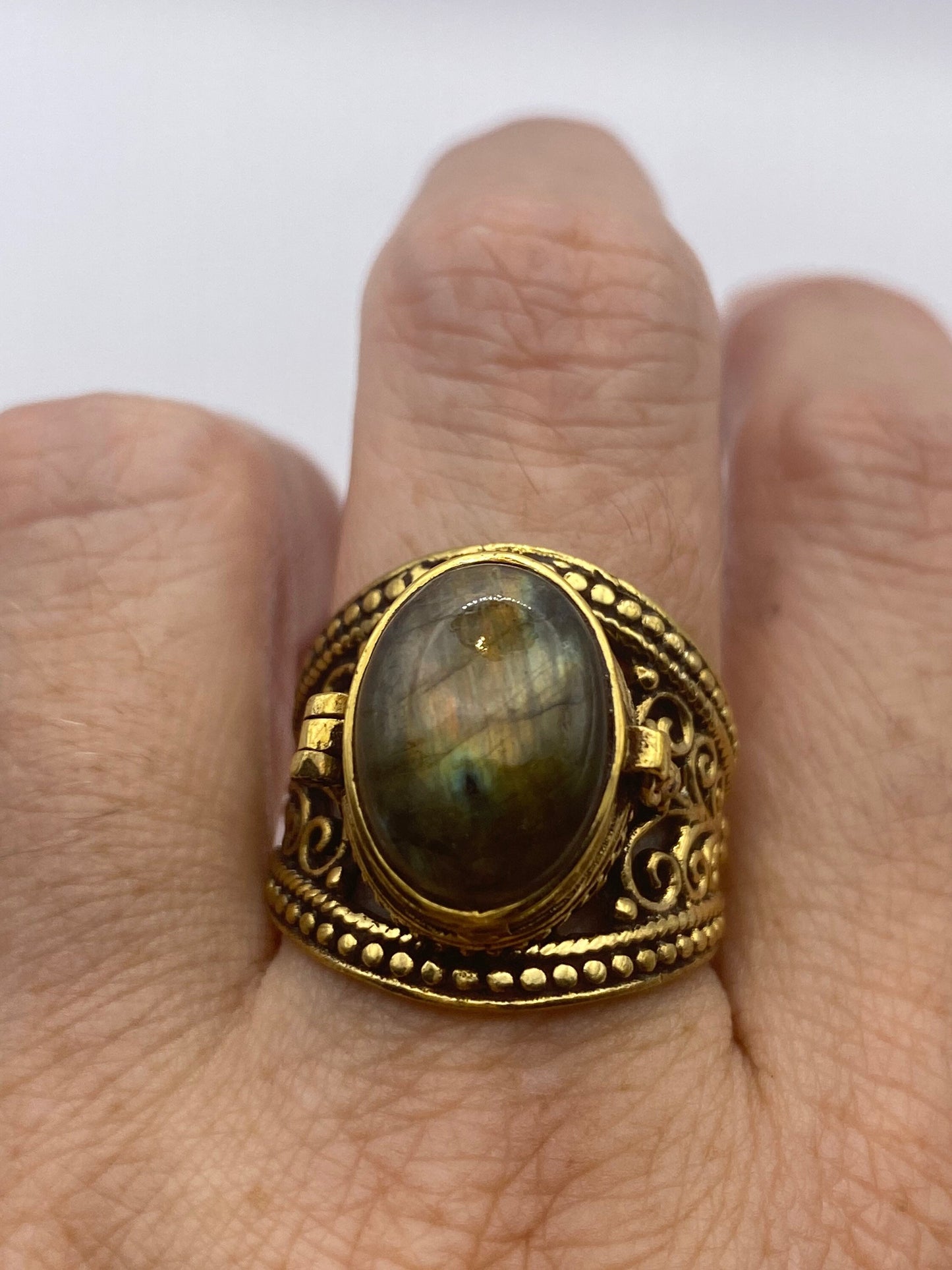 Vintage Labradorite Brass Poison Pillbox Ring