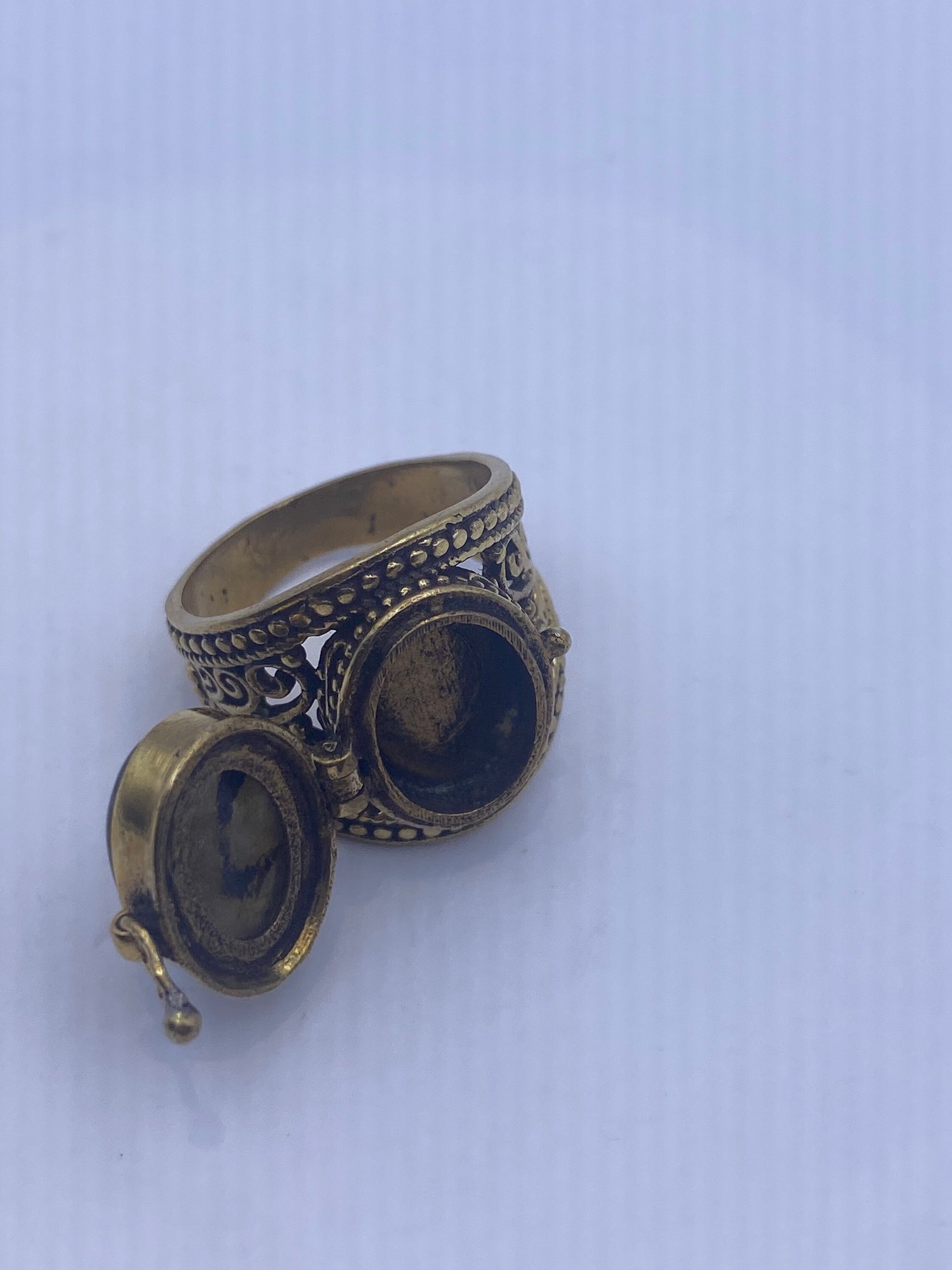 Vintage Labradorite Brass Poison Pillbox Ring