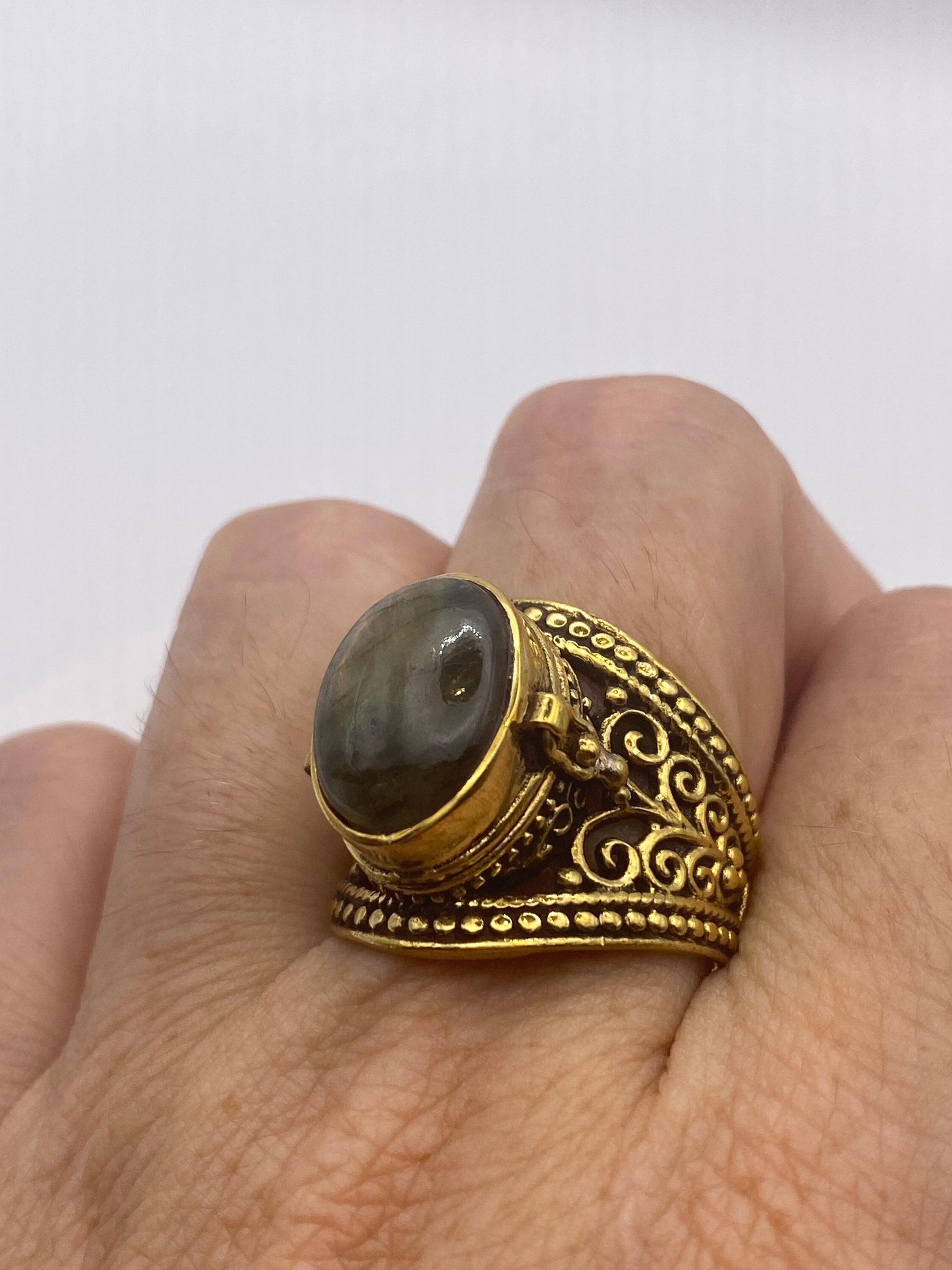 Vintage Labradorite Brass Poison Pillbox Ring