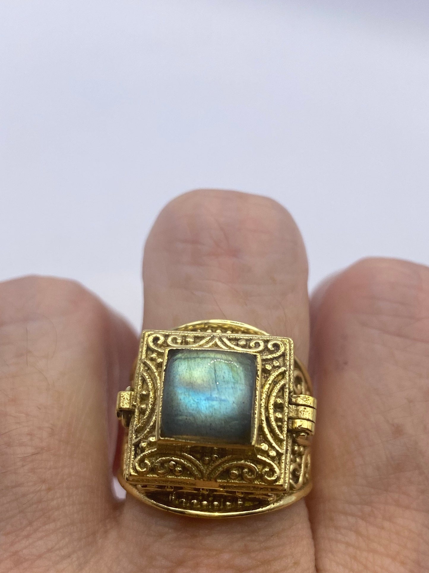 Vintage Labradorite Brass Poison Pillbox Ring