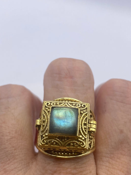 Vintage Labradorite Brass Poison Pillbox Ring