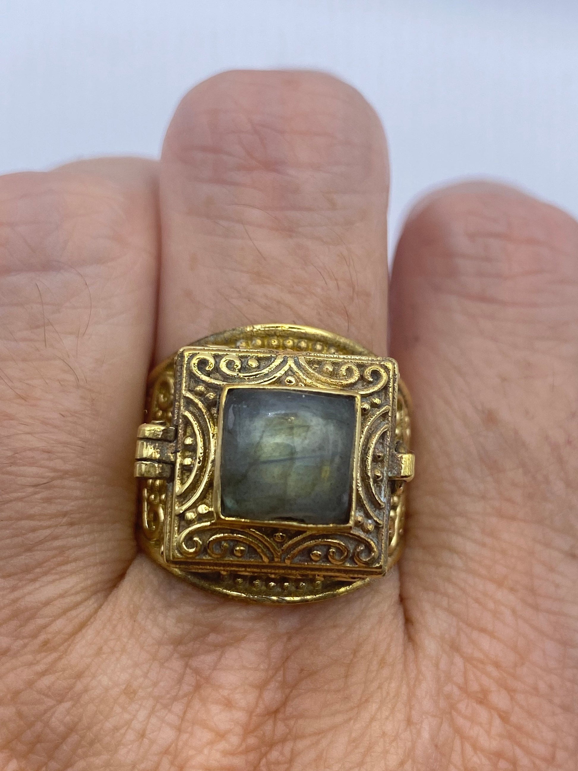 Vintage Labradorite Brass Poison Pillbox Ring