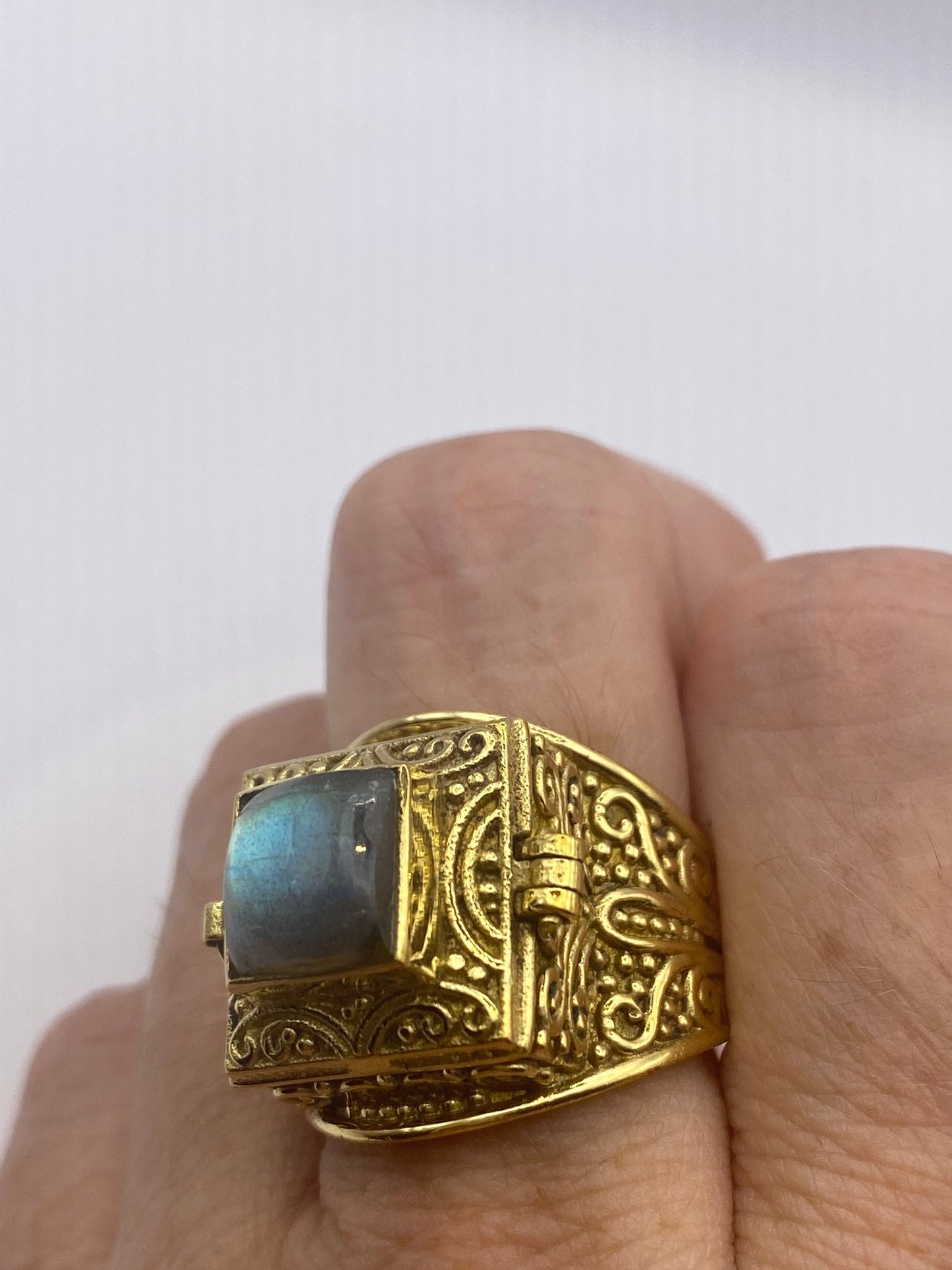 Vintage Labradorite Brass Poison Pillbox Ring