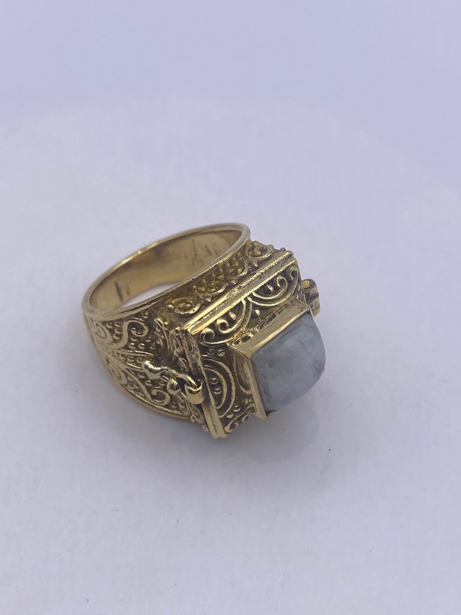 Vintage Rainbow Moonstone Brass Poison Pillbox Ring