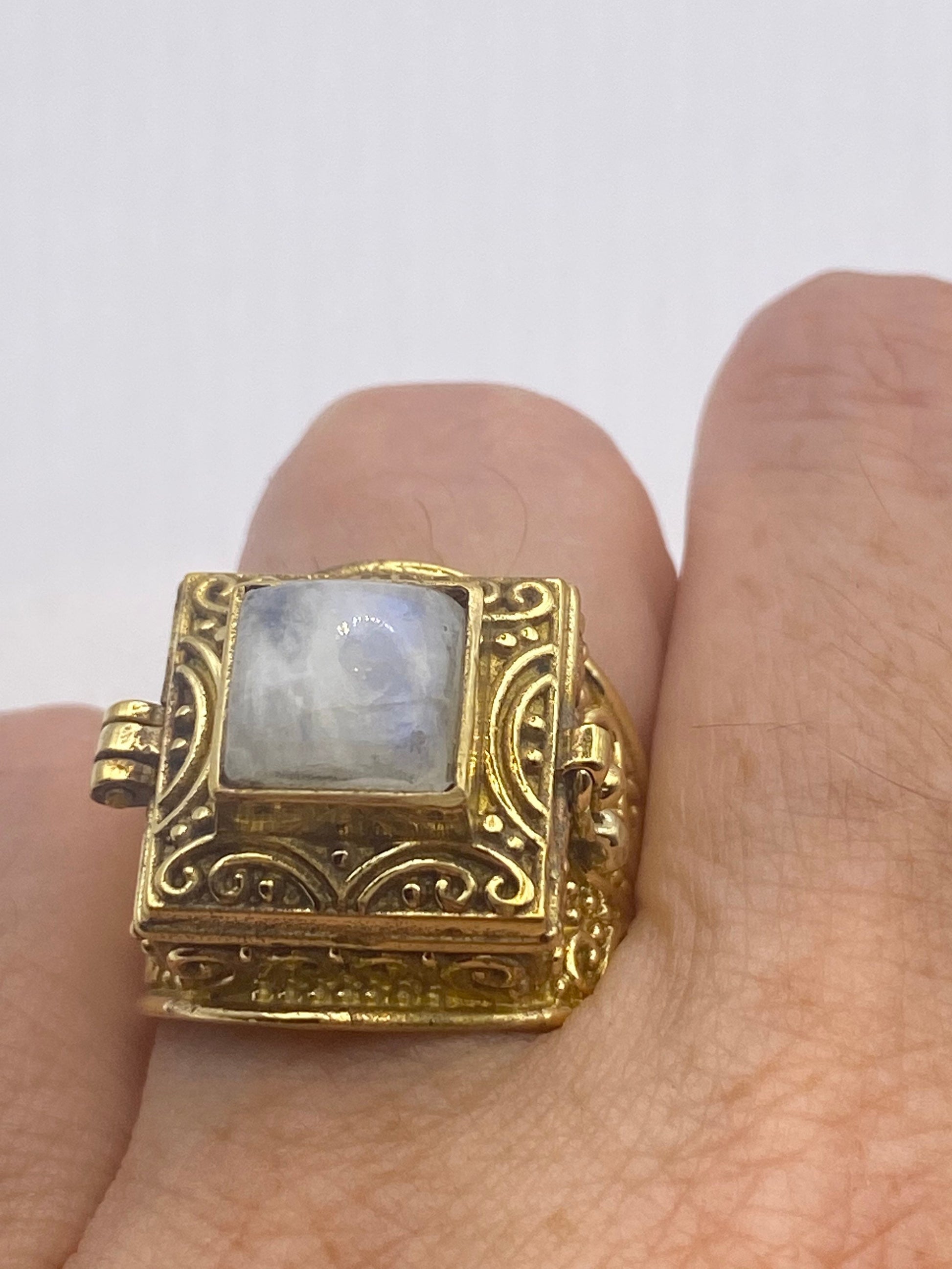 Vintage Rainbow Moonstone Brass Poison Pillbox Ring