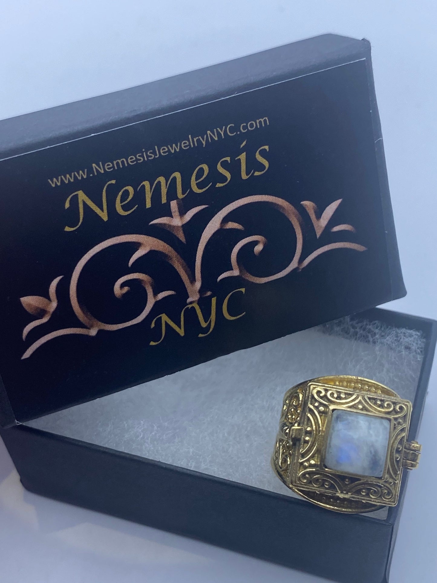 Vintage Rainbow Moonstone Brass Poison Pillbox Ring