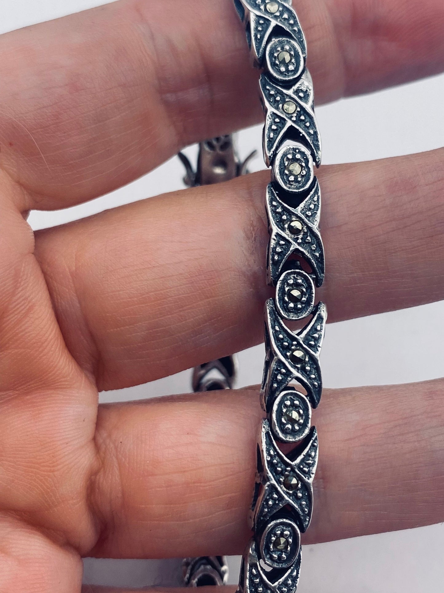 Marcasite Bracelet in 925 Sterling Silver Vintage Handmade 7.5 Inch