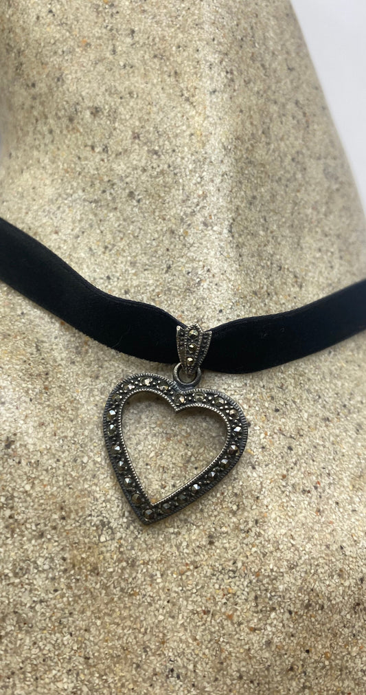 Vintage Marcasite Heart Choker 925 Sterling Silver Deco Pendant Necklace