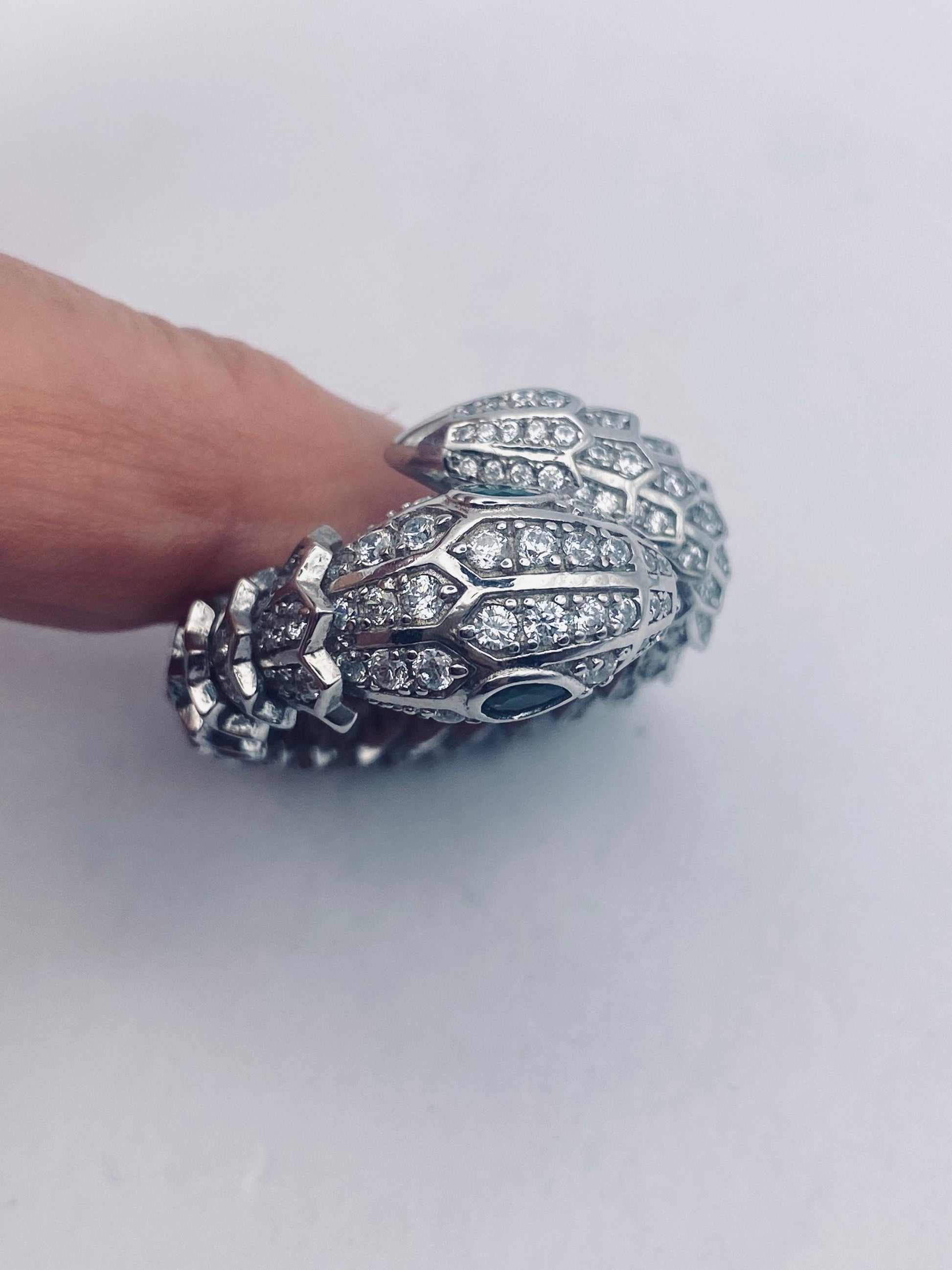 Vintage Snake Ring 925 Sterling Silver Crystal Size 9