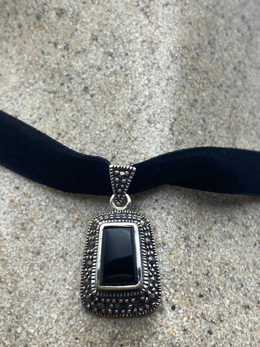 Vintage Black Onyx Marcasite Choker 925 Sterling Silver Deco Pendant Necklace