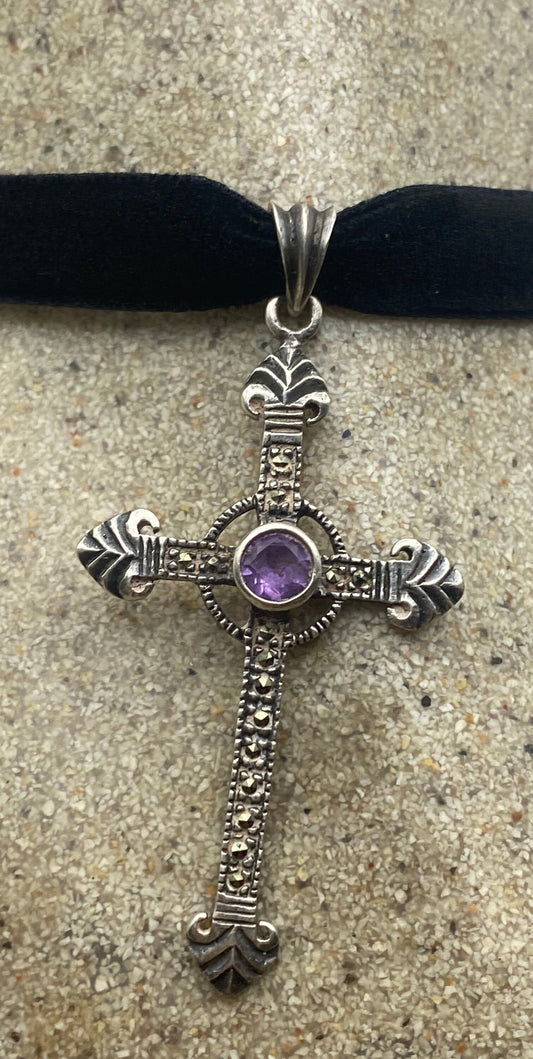 Vintage Purple Amethyst Marcasite Cross Choker Black Velvet Ribbon Pendant