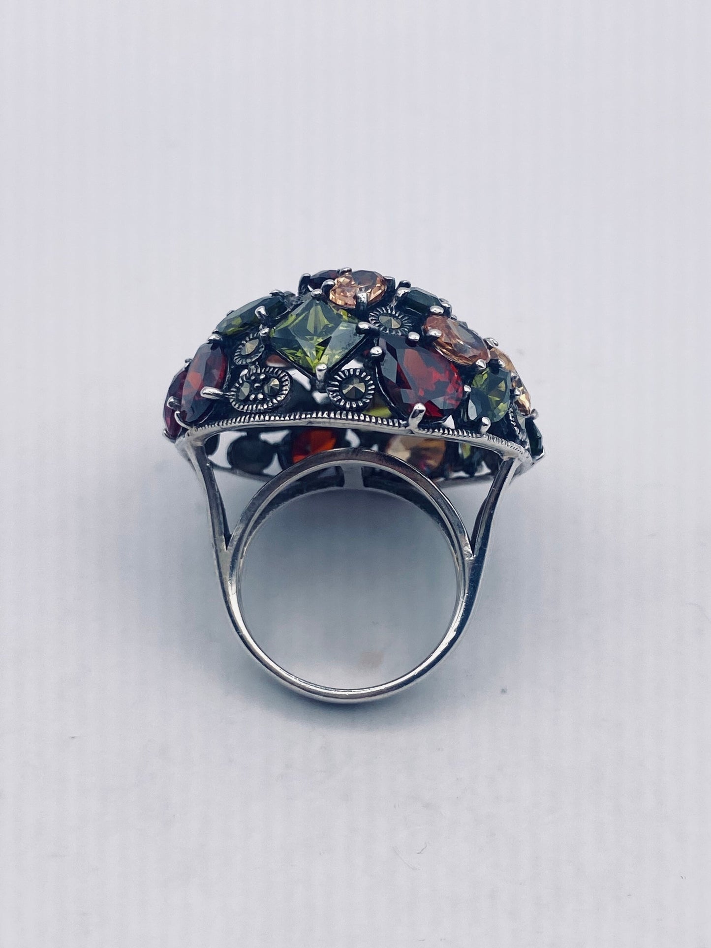 Vintage Genuine Swiss Marcasite Crystal Setting 925 Sterling Silver Cocktail Ring Size 7