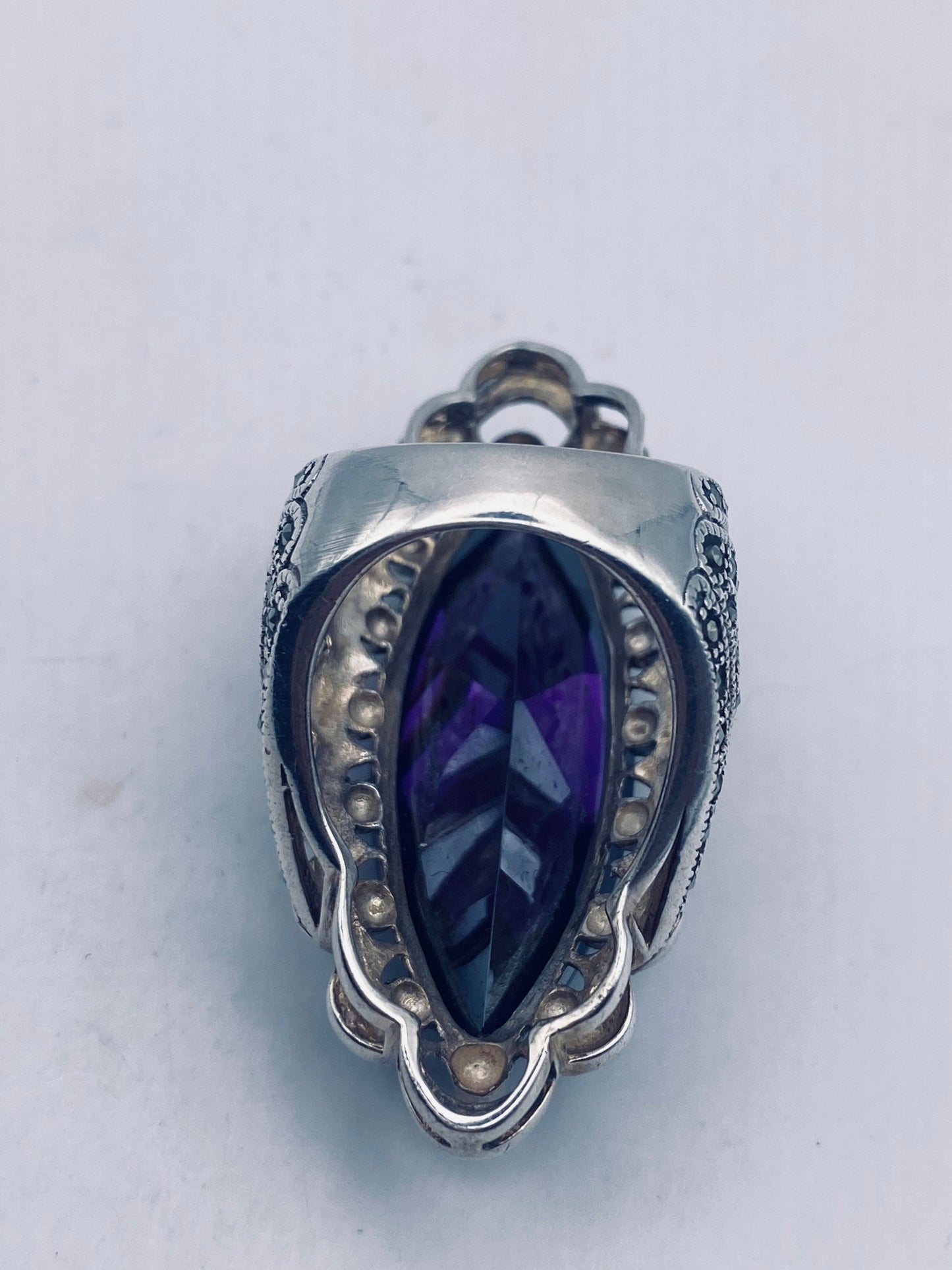 Vintage Swiss Marcasite Amethyst Crystal Setting 925 Sterling Silver Cocktail Ring Size 6
