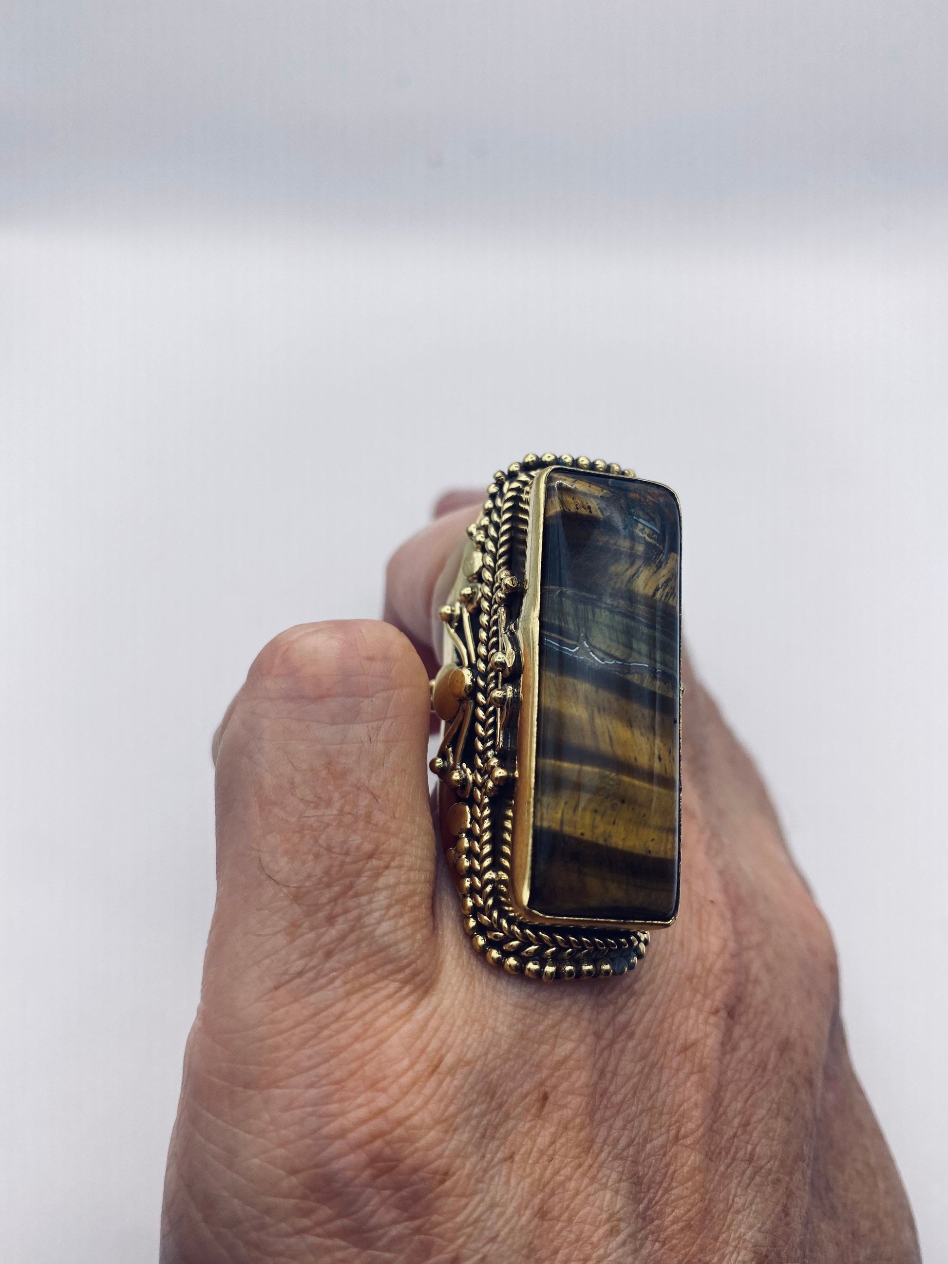 Vintage Tigers Eye Stone Gold Bronze Cocktail Ring