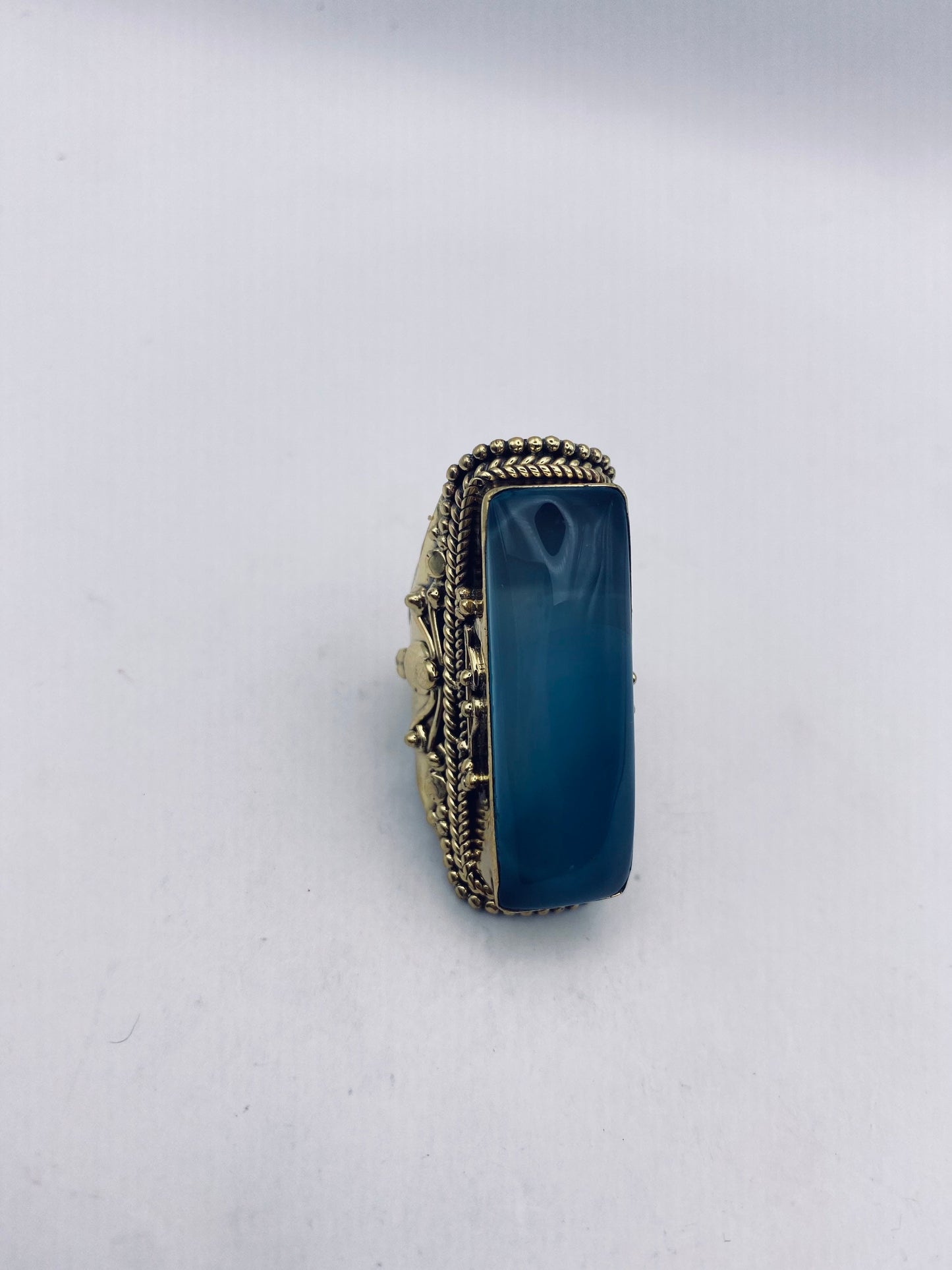 Vintage Blue Chalcedony gold bronze Ring Statement Cocktail Size 8.5