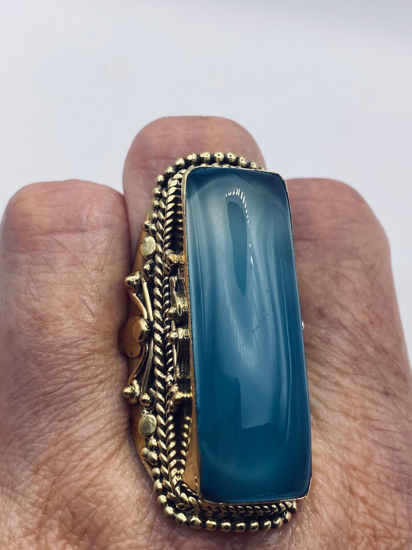 Vintage Blue Chalcedony gold bronze Ring Statement Cocktail Size 8.5