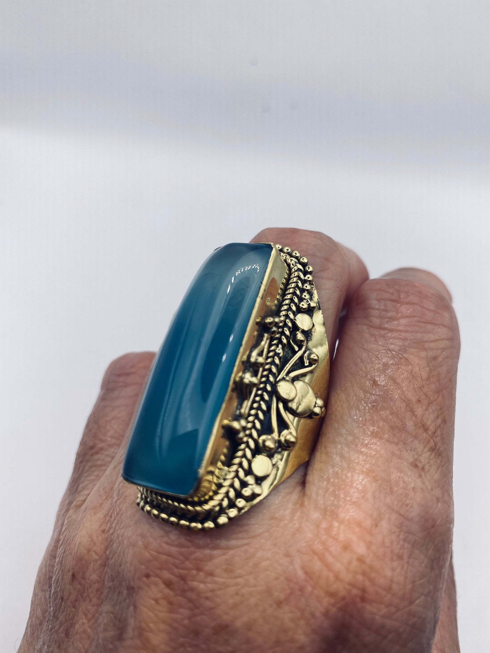 Vintage Blue Chalcedony gold bronze Ring Statement Cocktail Size 8.5