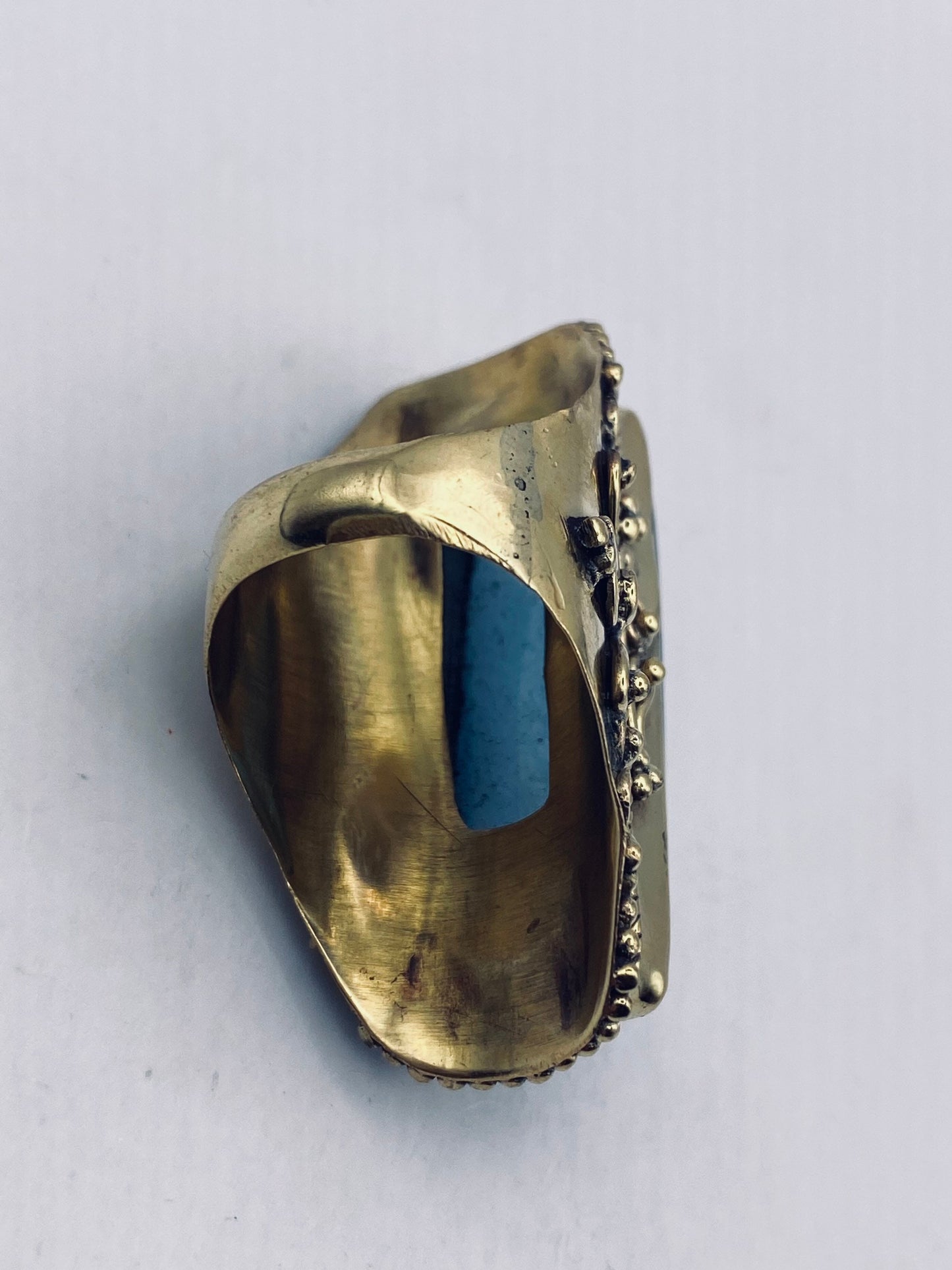 Vintage Blue Chalcedony gold bronze Ring Statement Cocktail Size 8.5