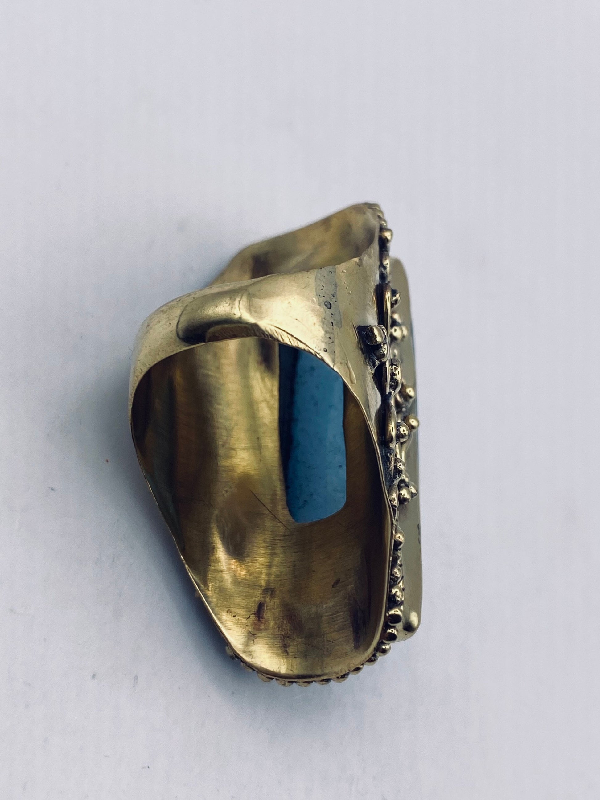 Vintage Blue Chalcedony gold bronze Ring Statement Cocktail Size 8.5